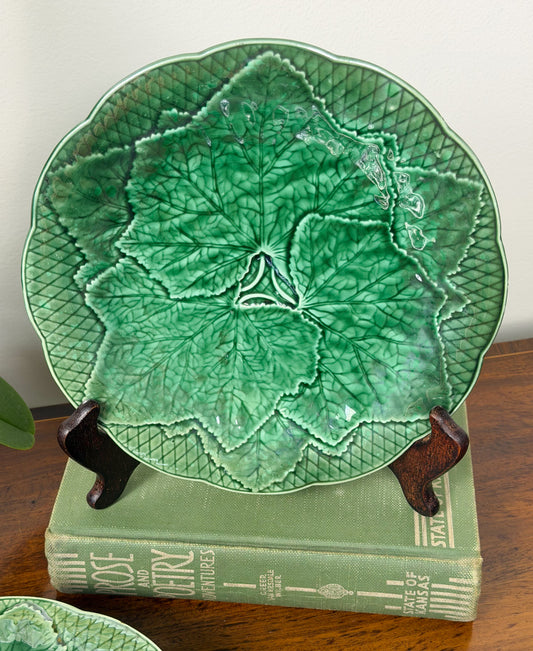 Vintage Gien Green Leaf Majolica Plates