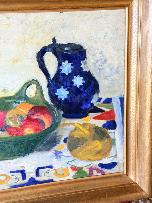 Midcentury Pitcher & Fruit Still Life Oil on Board