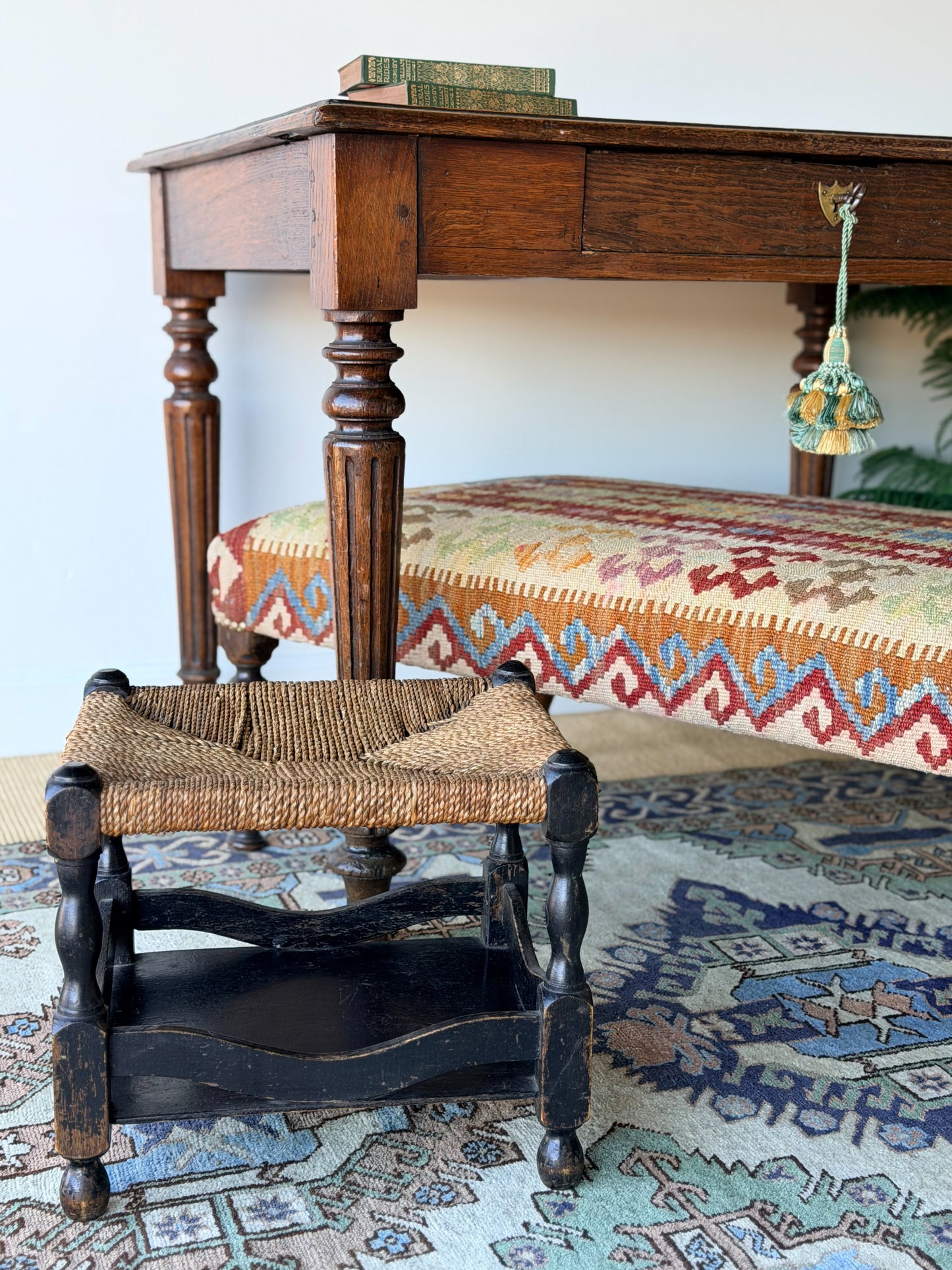 Antique English Rush Seat Stool with Painted Base