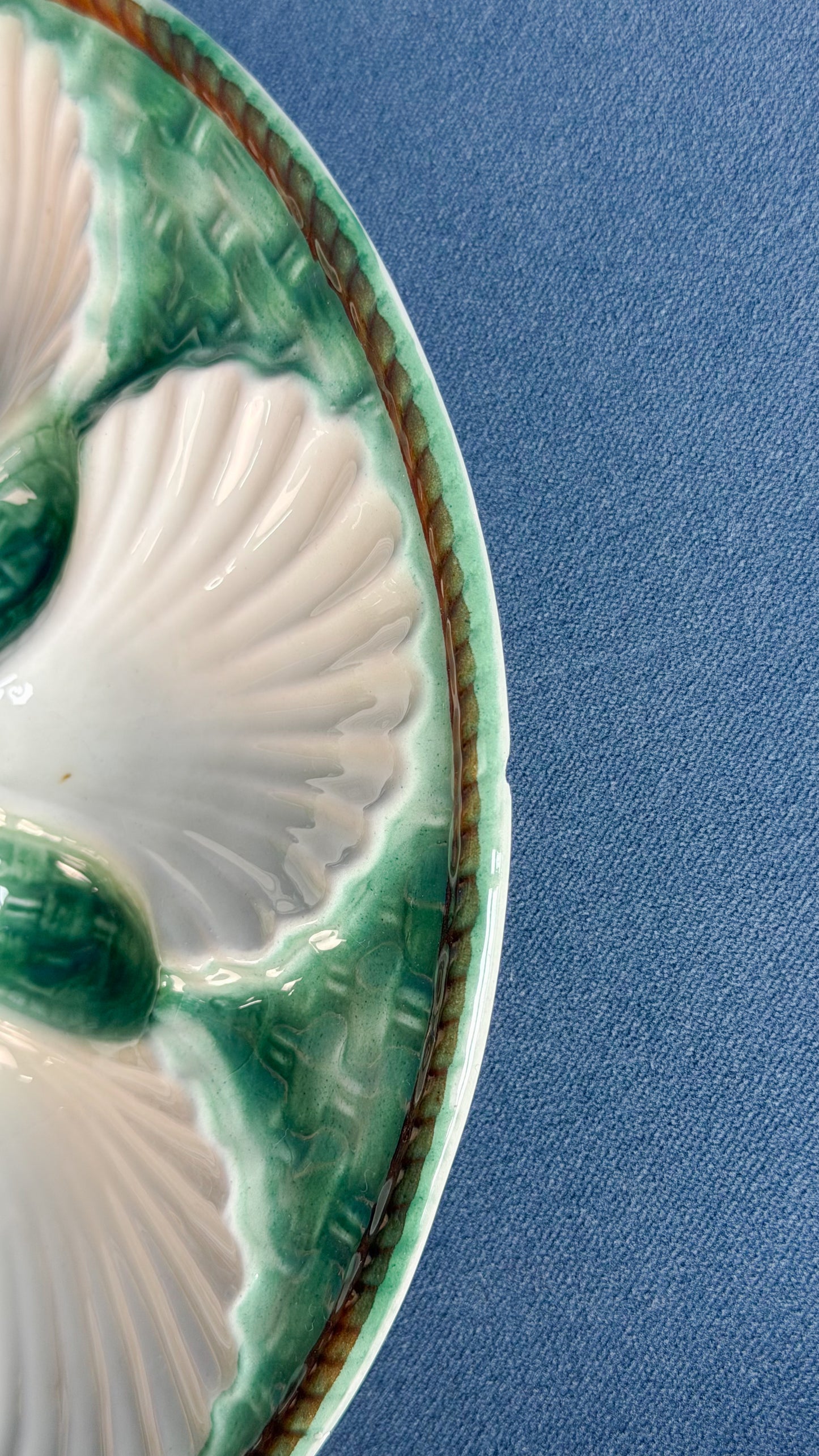 Vintage French Majolica Green & Brown Oyster Plate