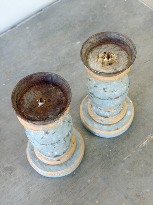 Antique Italian Painted Short Candlestick Pair