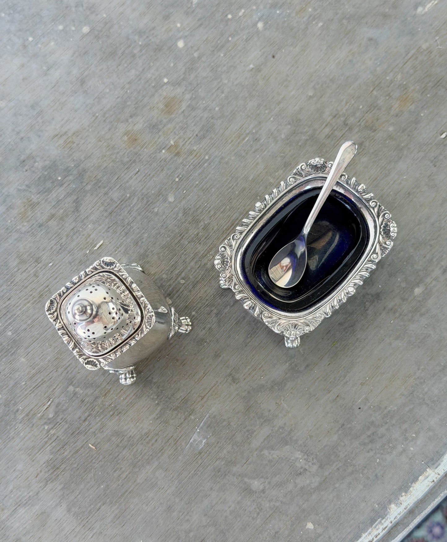 Antique Sheffield Silverplate Footed Salt Cellar & Pepper Shaker Set