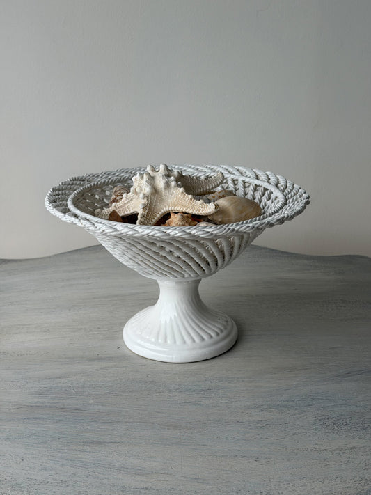 Vintage French Majolica Basketweave Compote
