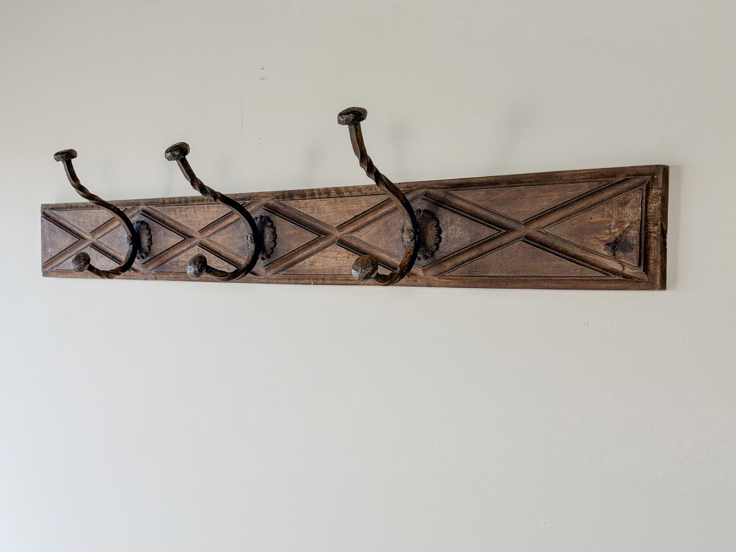 Early English Oak & Hand-Forged Iron Coat Rack