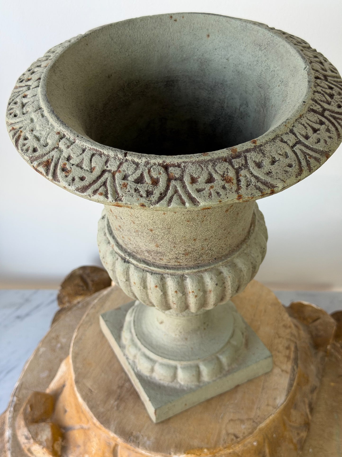 Vintage French Verdigris Cast Iron Medici Urn Pair