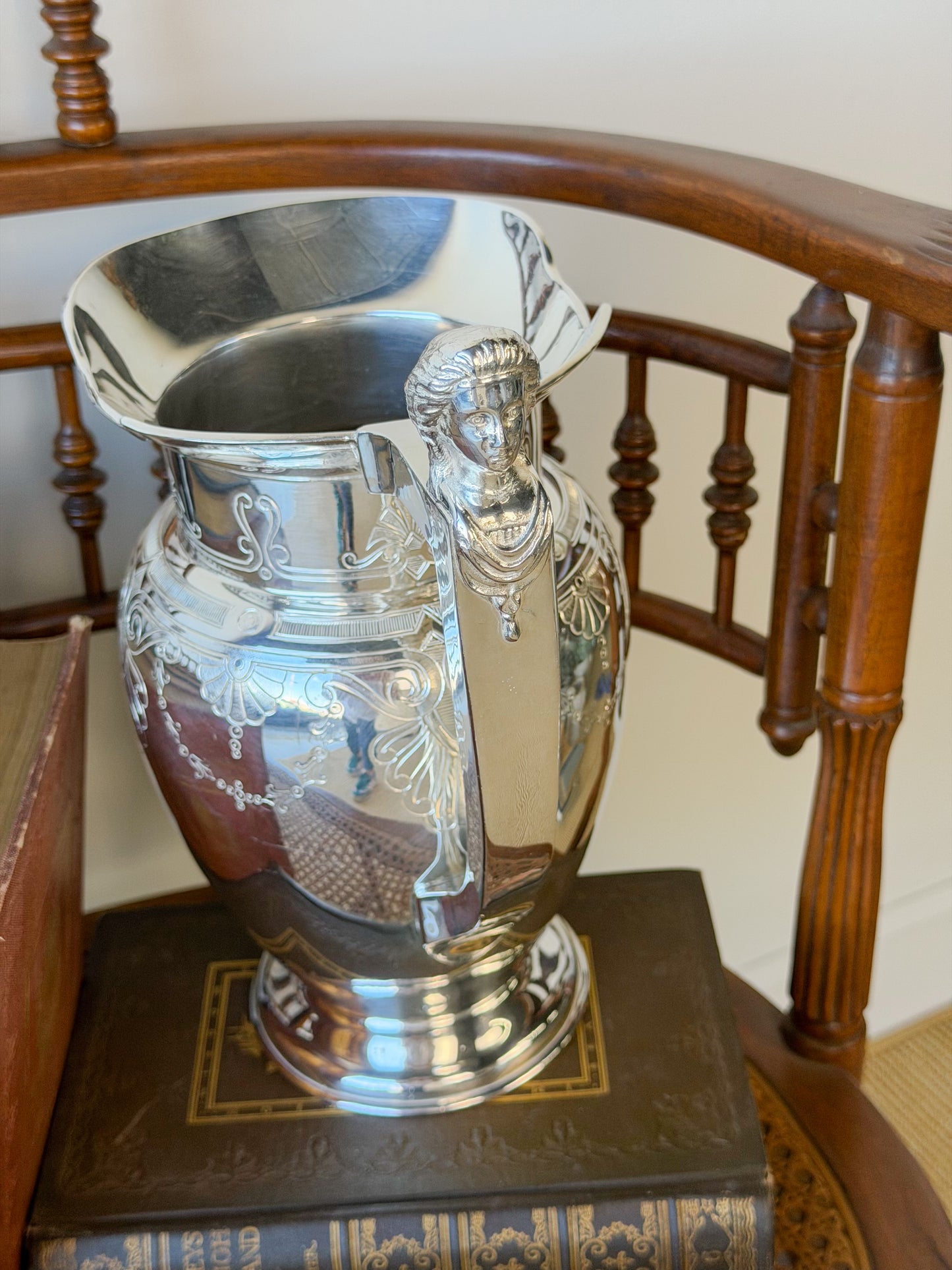 Antique Meriden Britannia Co. Silverplate Water Pitcher with Caryatid Handle