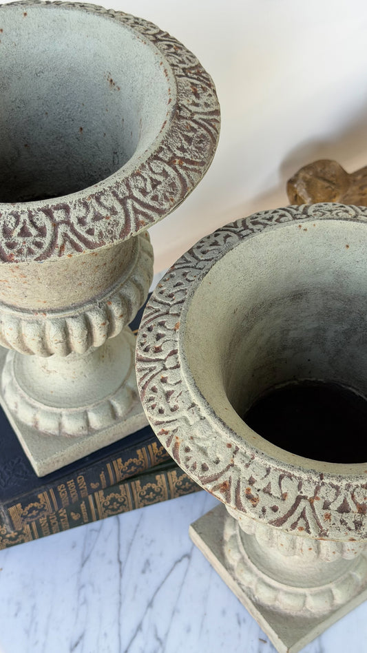 Vintage French Verdigris Cast Iron Medici Urn Pair