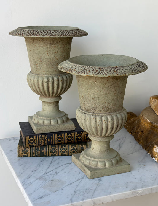 Vintage French Verdigris Cast Iron Medici Urn Pair