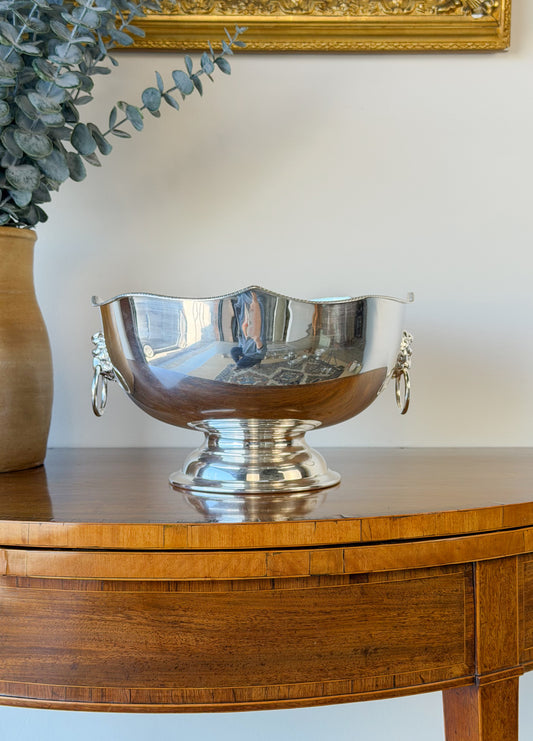 English Silverplate Punch Bowl with Lion Head Rings