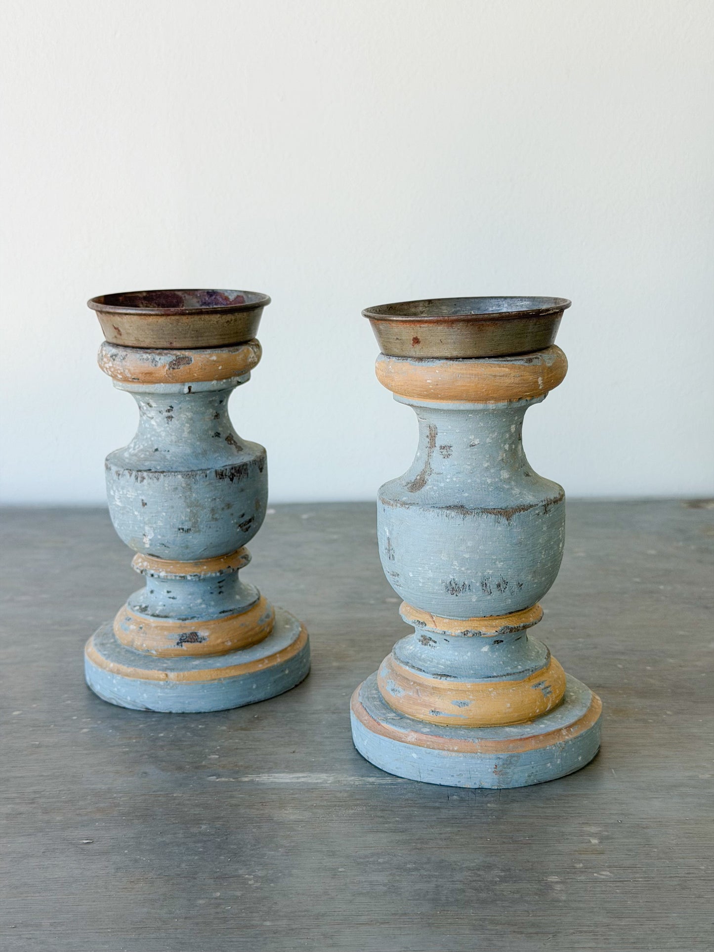 Antique Italian Painted Short Candlestick Pair
