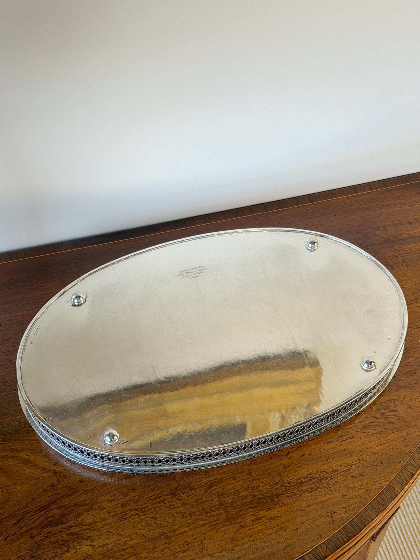 Large English Silverplate Gallery Tray on Bun Feet
