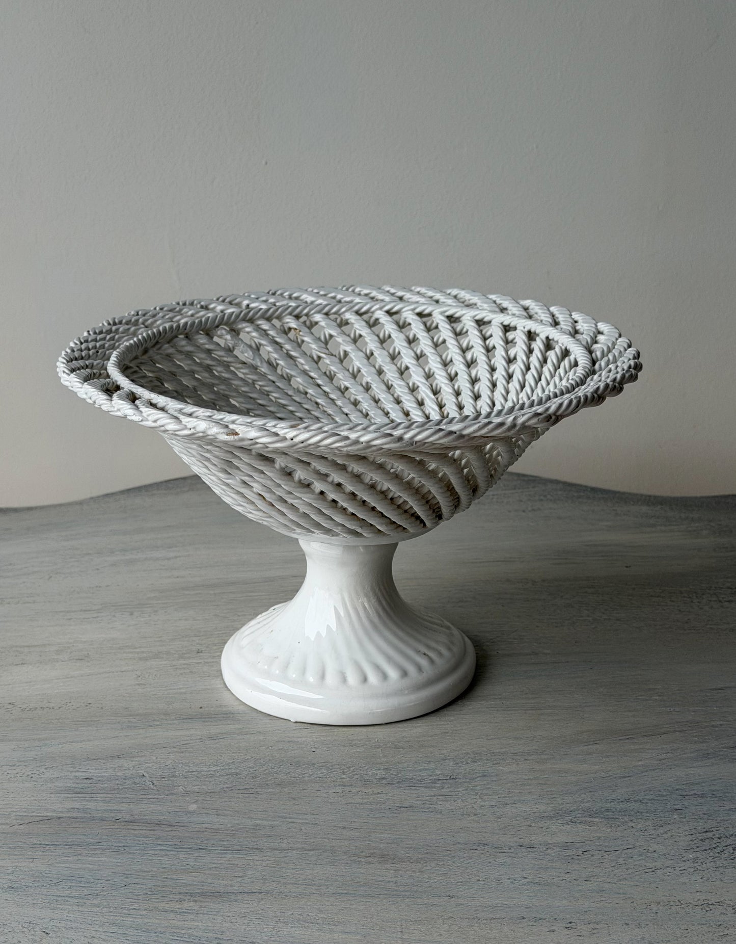 Vintage French Majolica Basketweave Compote