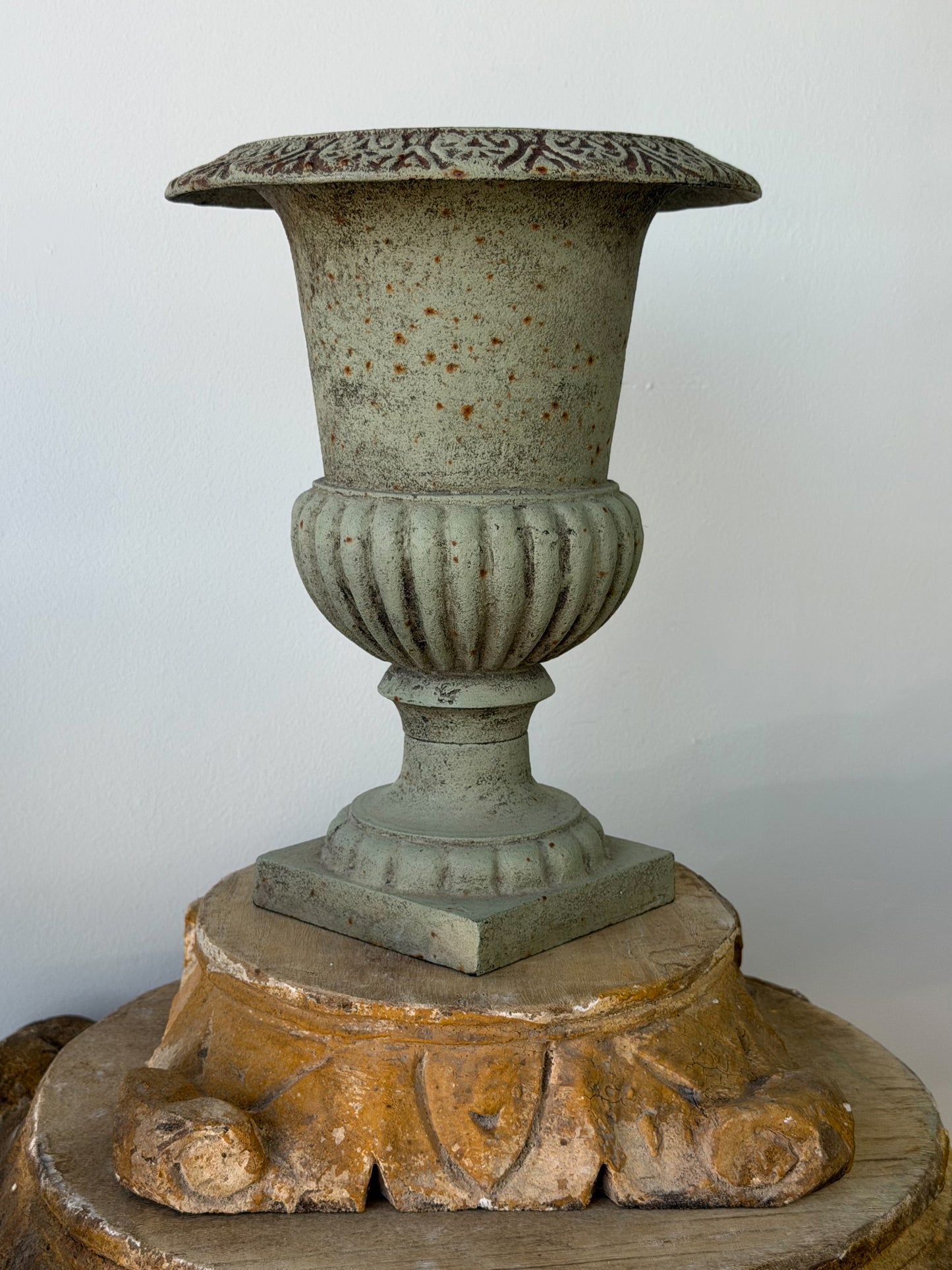 Vintage French Verdigris Cast Iron Medici Urn Pair