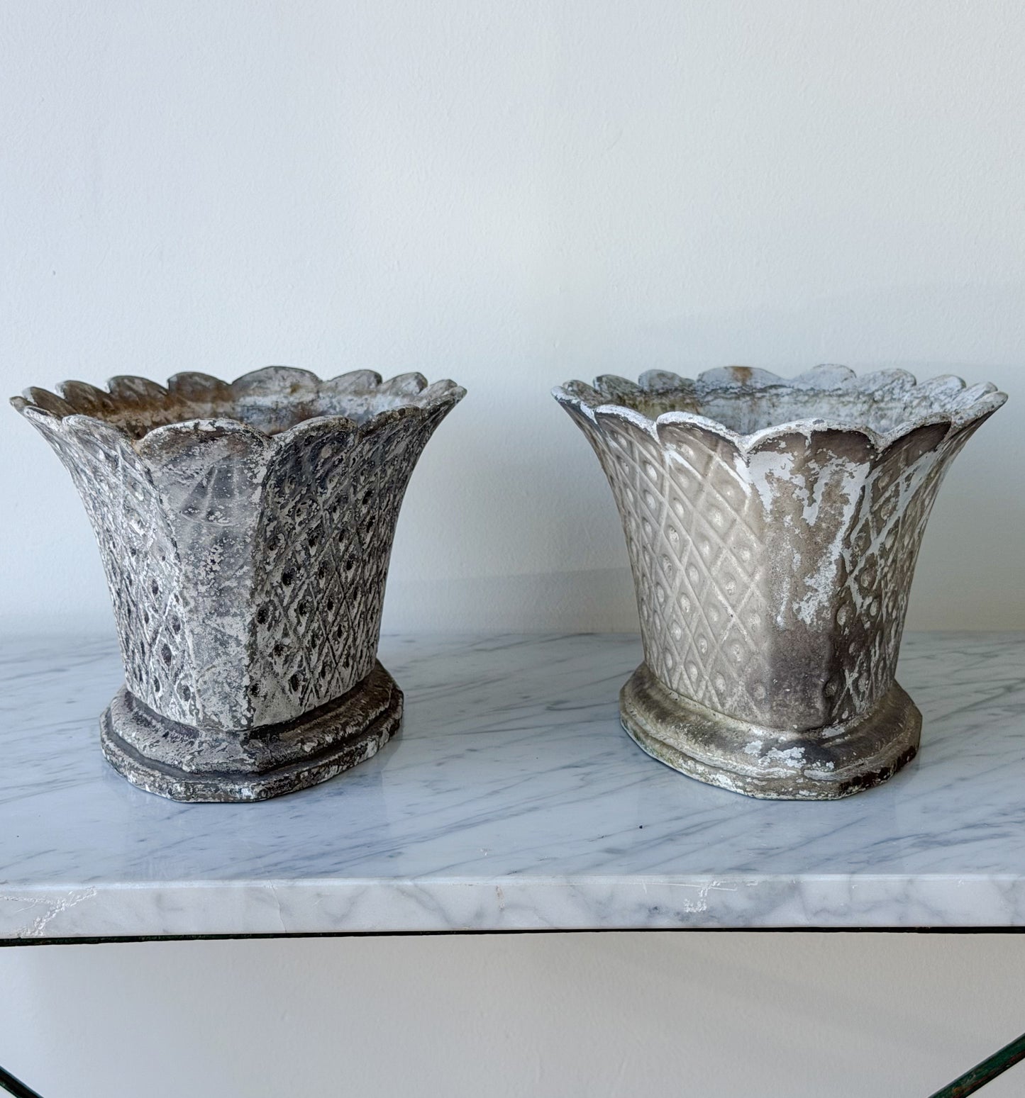 Antique French Cast Iron Scalloped Planter Pair