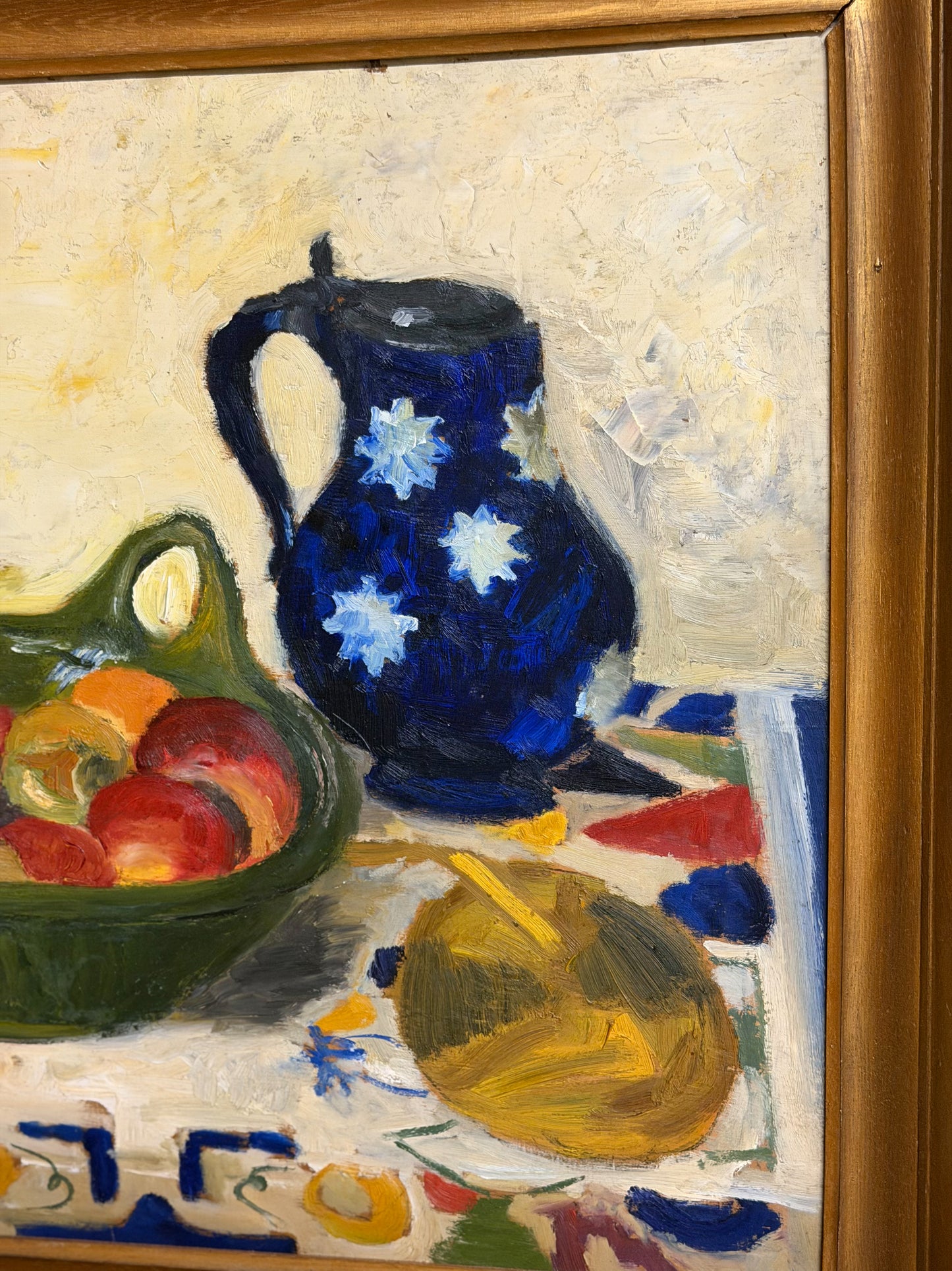 Midcentury Pitcher & Fruit Still Life Oil on Board