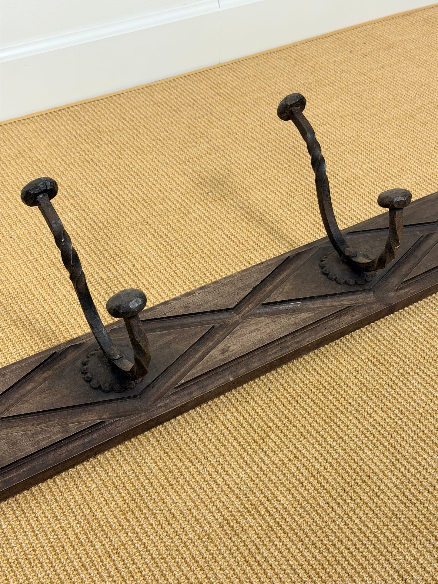Early English Oak & Hand-Forged Iron Coat Rack