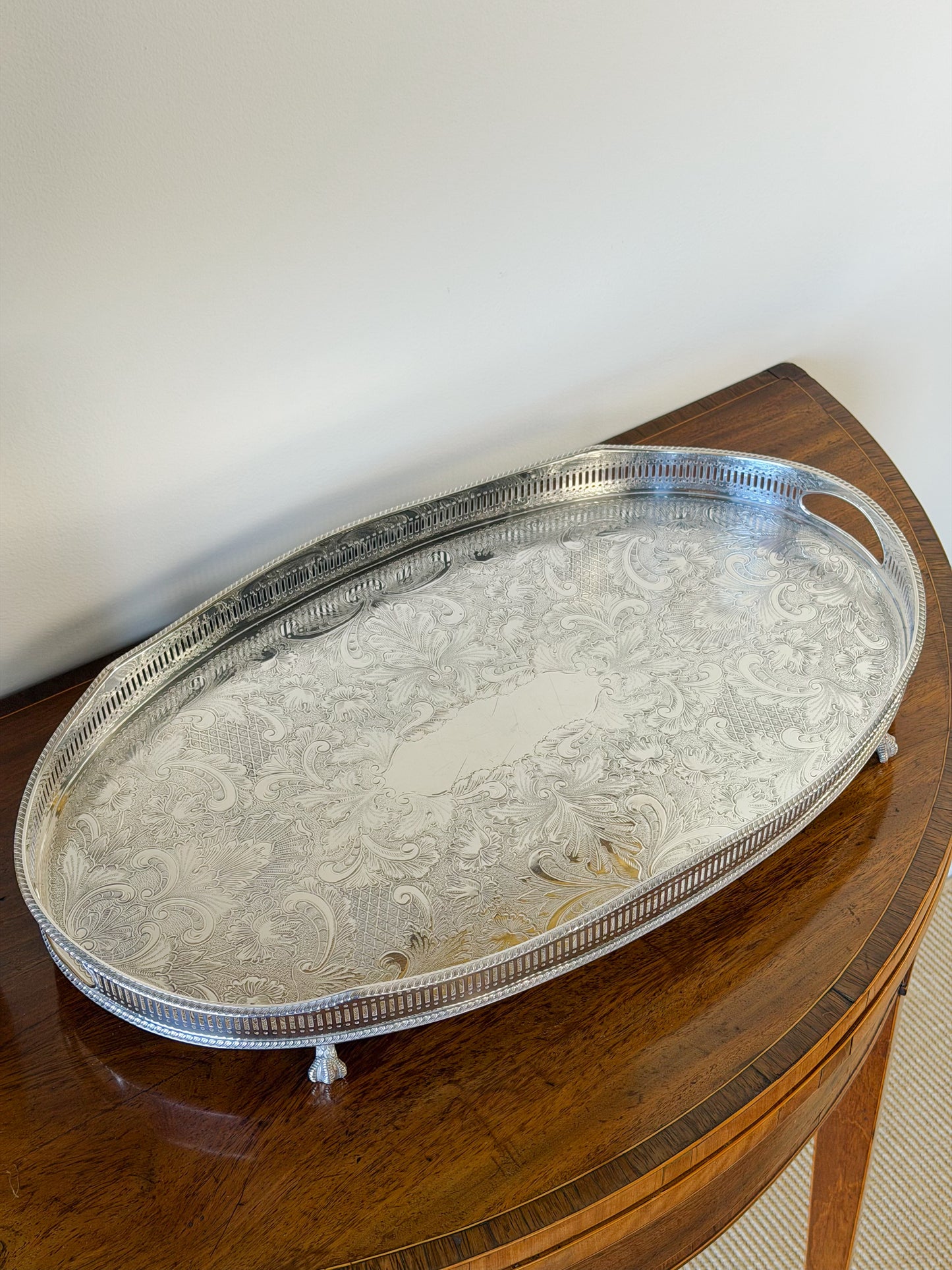 English Silverplate Gallery Tray with Ball & Claw Feet