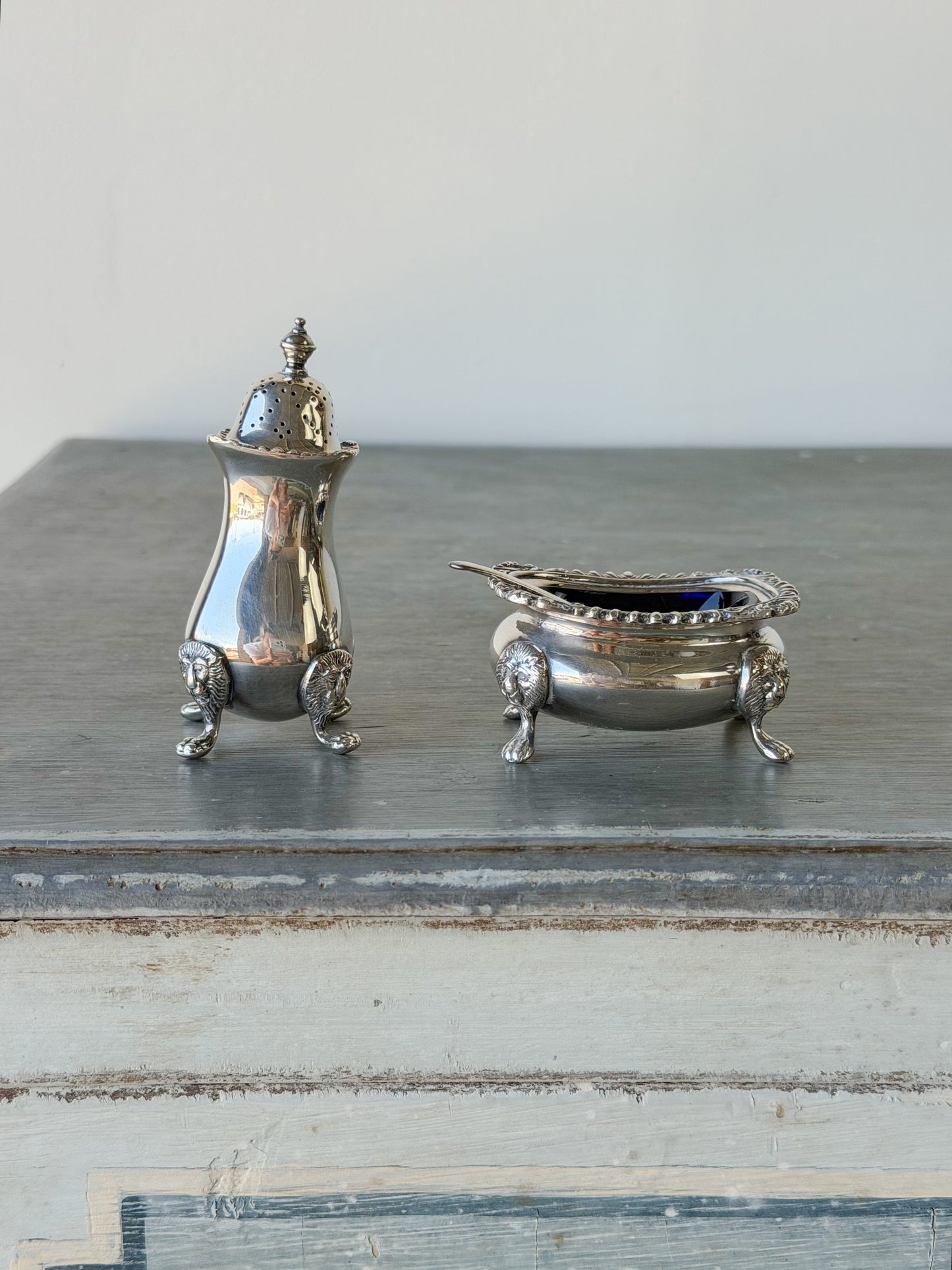 Antique Sheffield Silverplate Footed Salt Cellar & Pepper Shaker Set