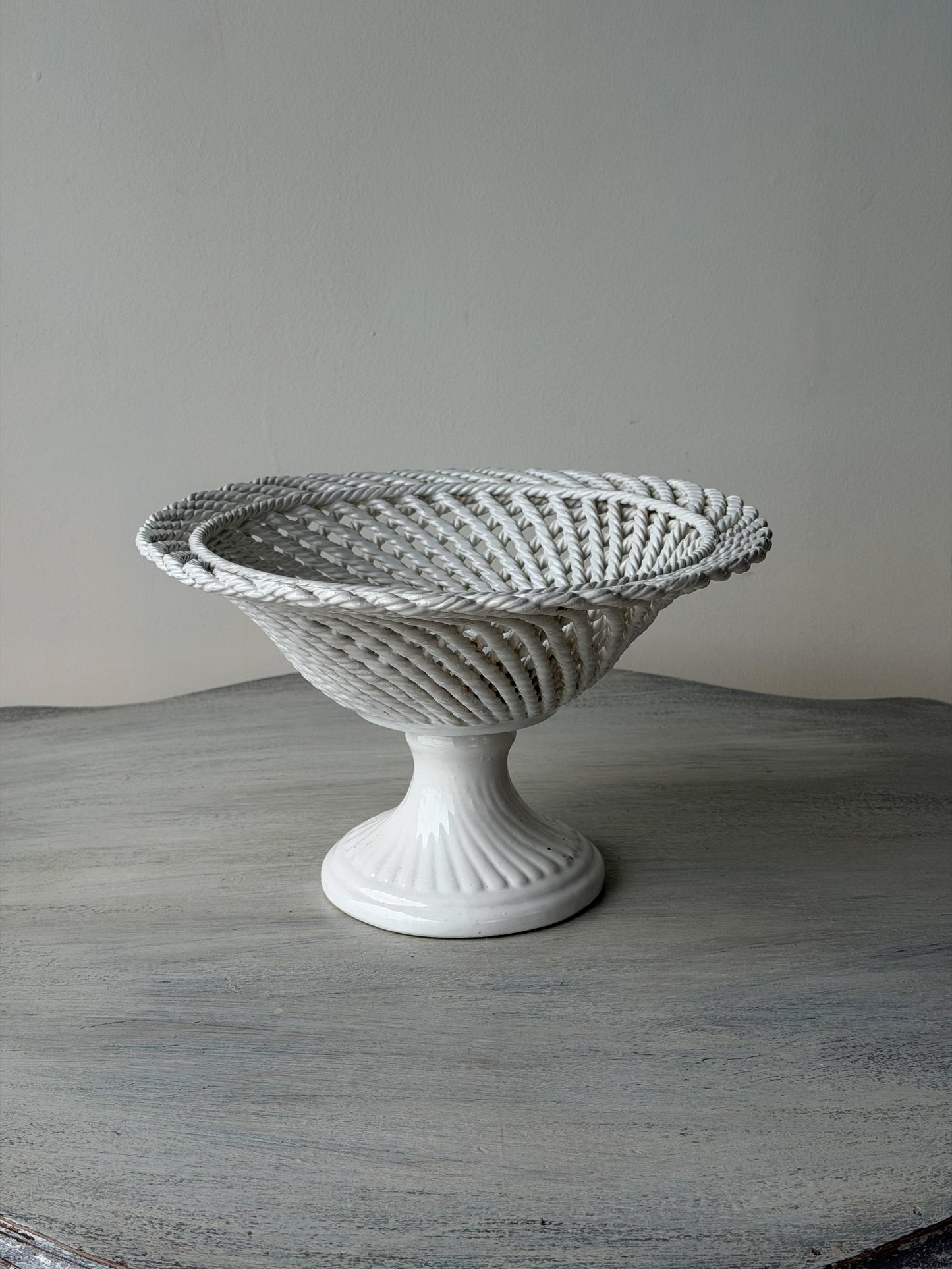 Vintage French Majolica Basketweave Compote