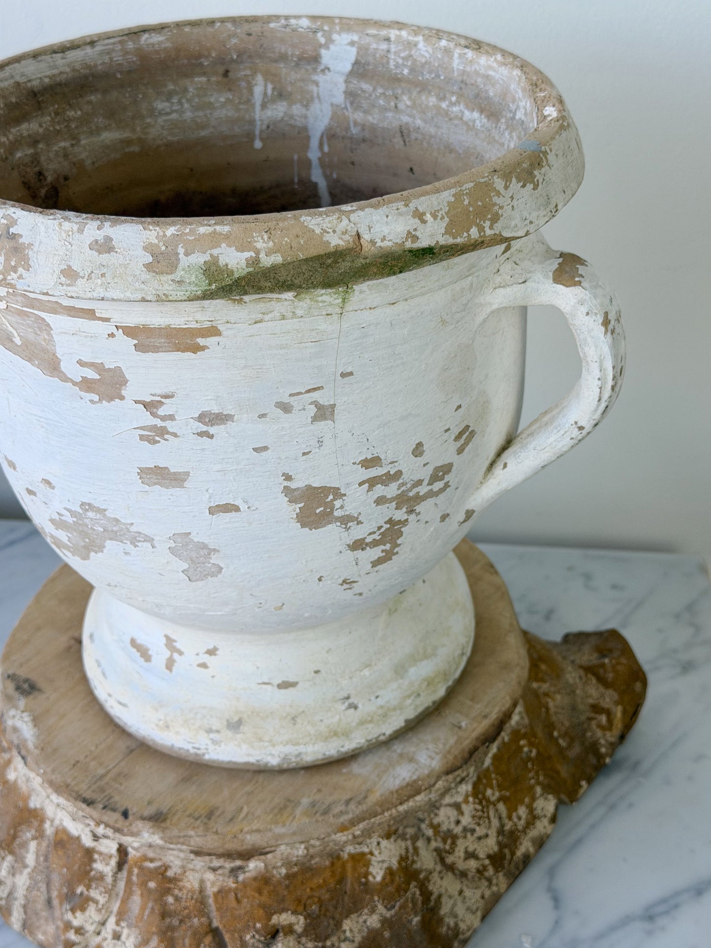 Vintage French Whitewashed Terracotta Pedestal Planter
