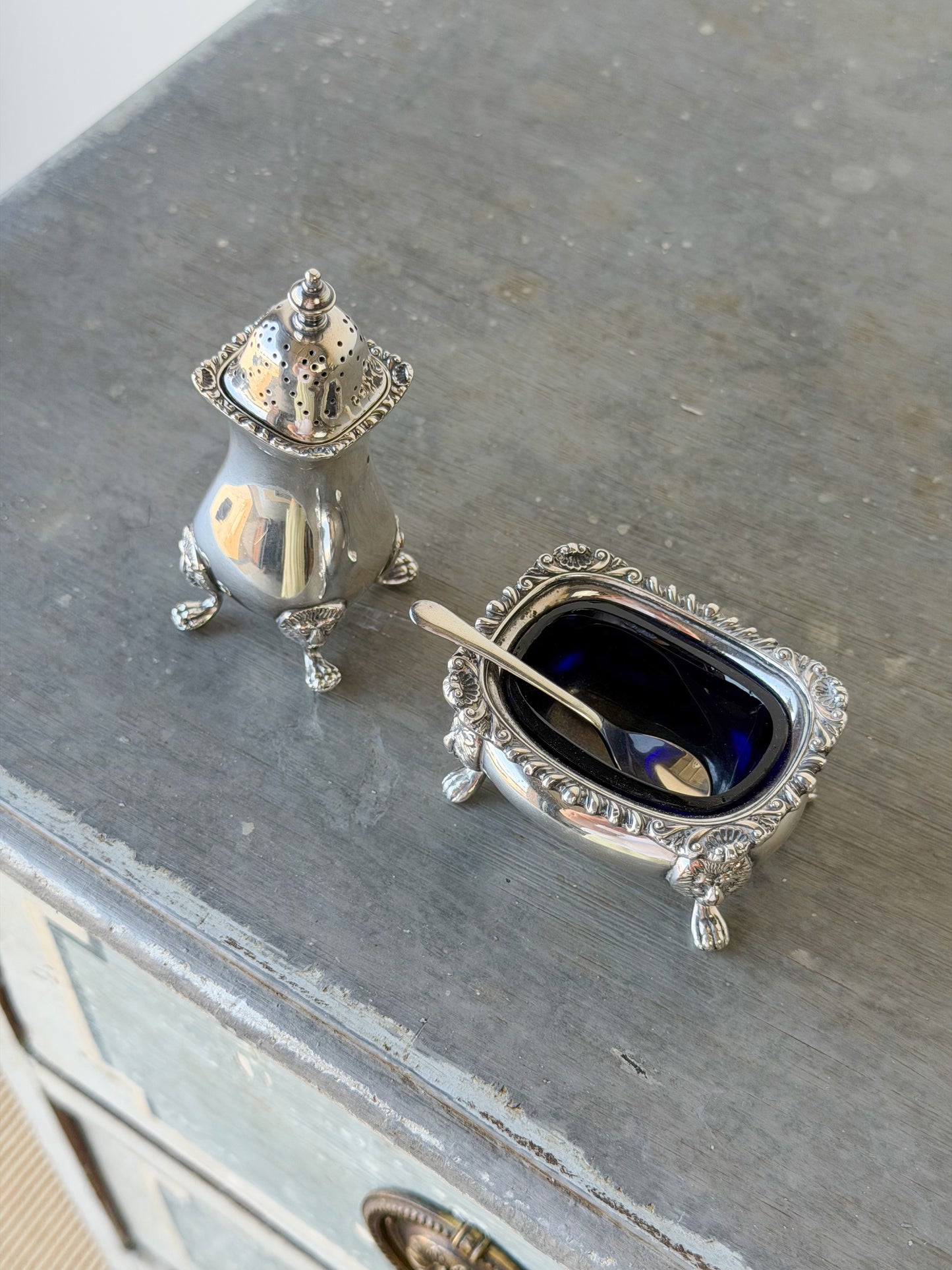 Antique Sheffield Silverplate Footed Salt Cellar & Pepper Shaker Set