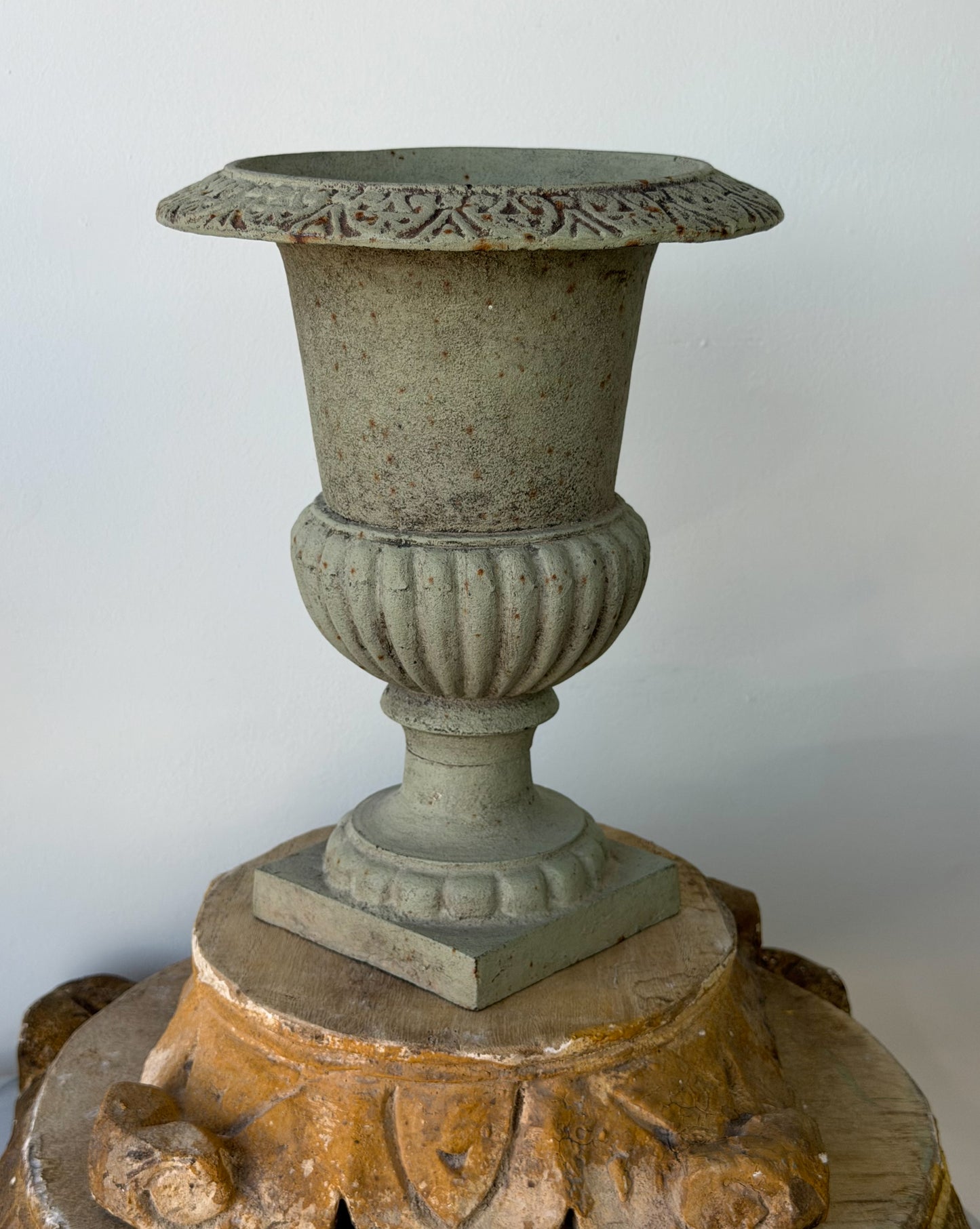 Vintage French Verdigris Cast Iron Medici Urn Pair