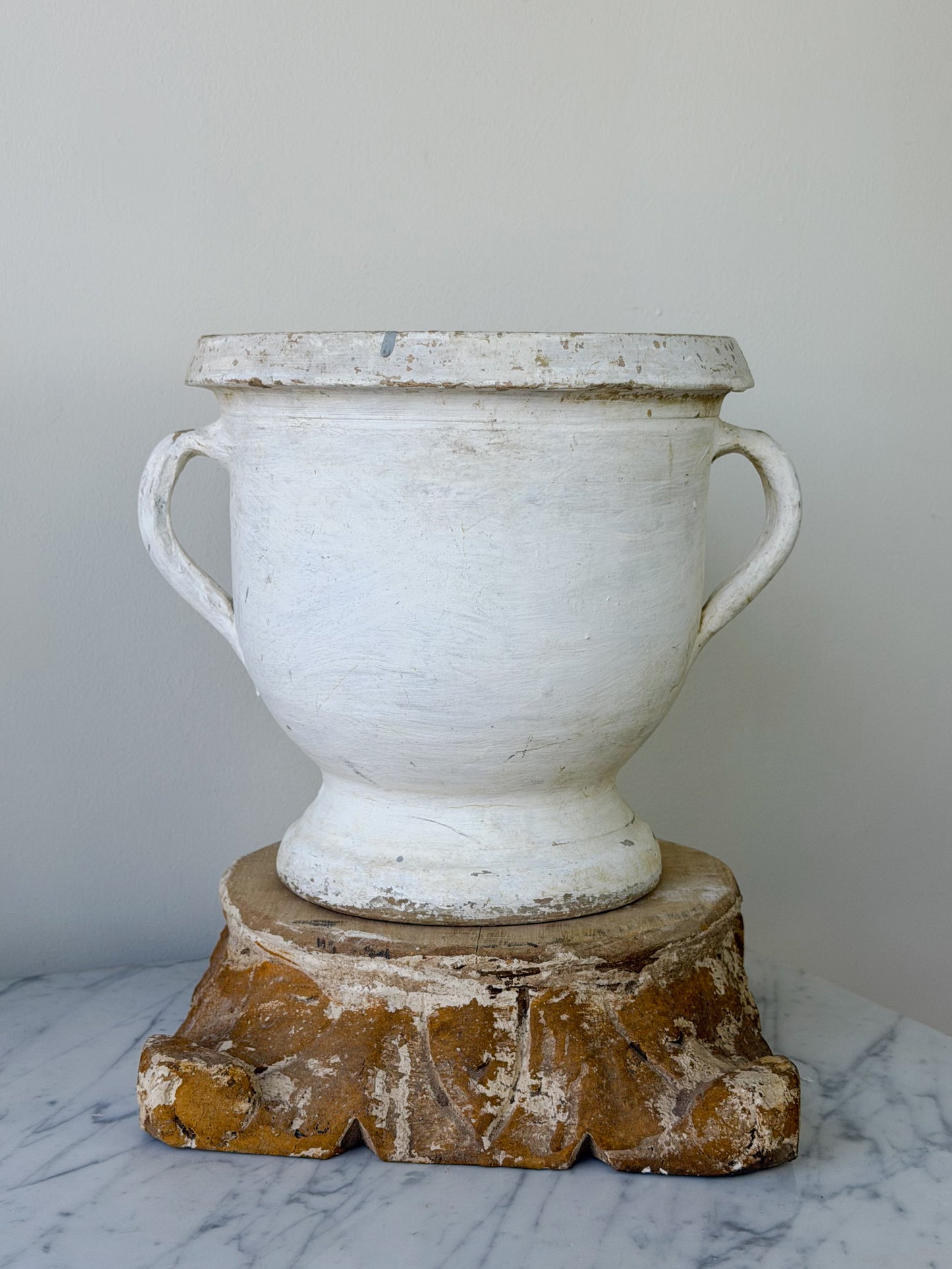 Vintage French Whitewashed Terracotta Pedestal Planter