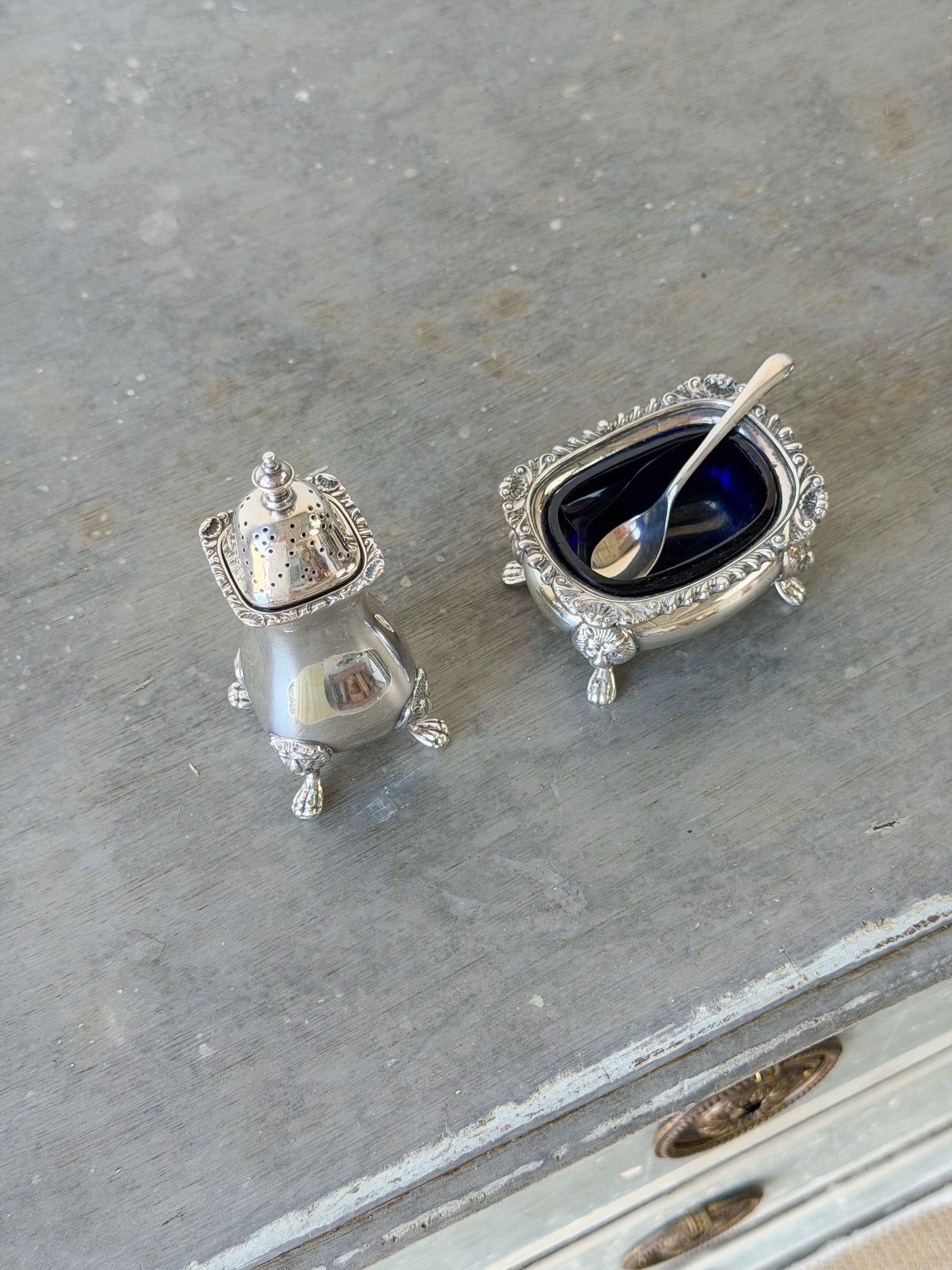 Antique Sheffield Silverplate Footed Salt Cellar & Pepper Shaker Set