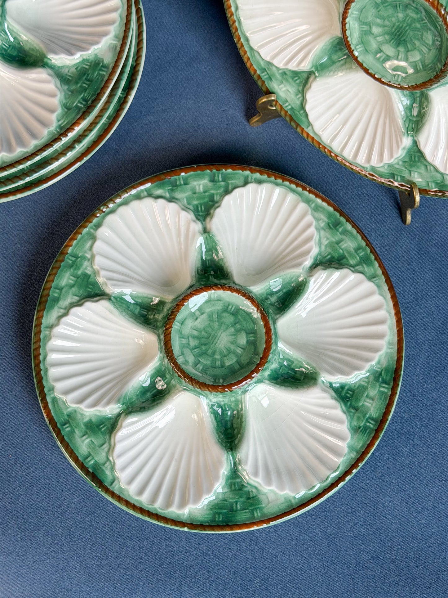 Vintage French Majolica Green & Brown Oyster Plate
