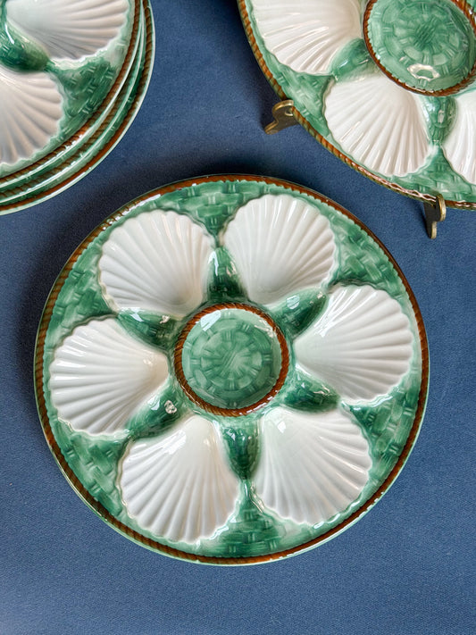 Vintage French Majolica Green & Brown Oyster Plate