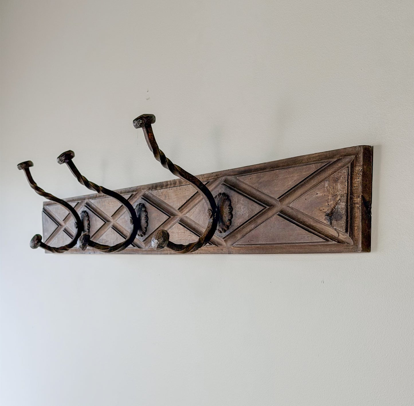 Early English Oak & Hand-Forged Iron Coat Rack