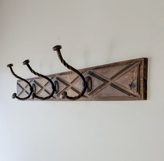 Early English Oak & Hand-Forged Iron Coat Rack