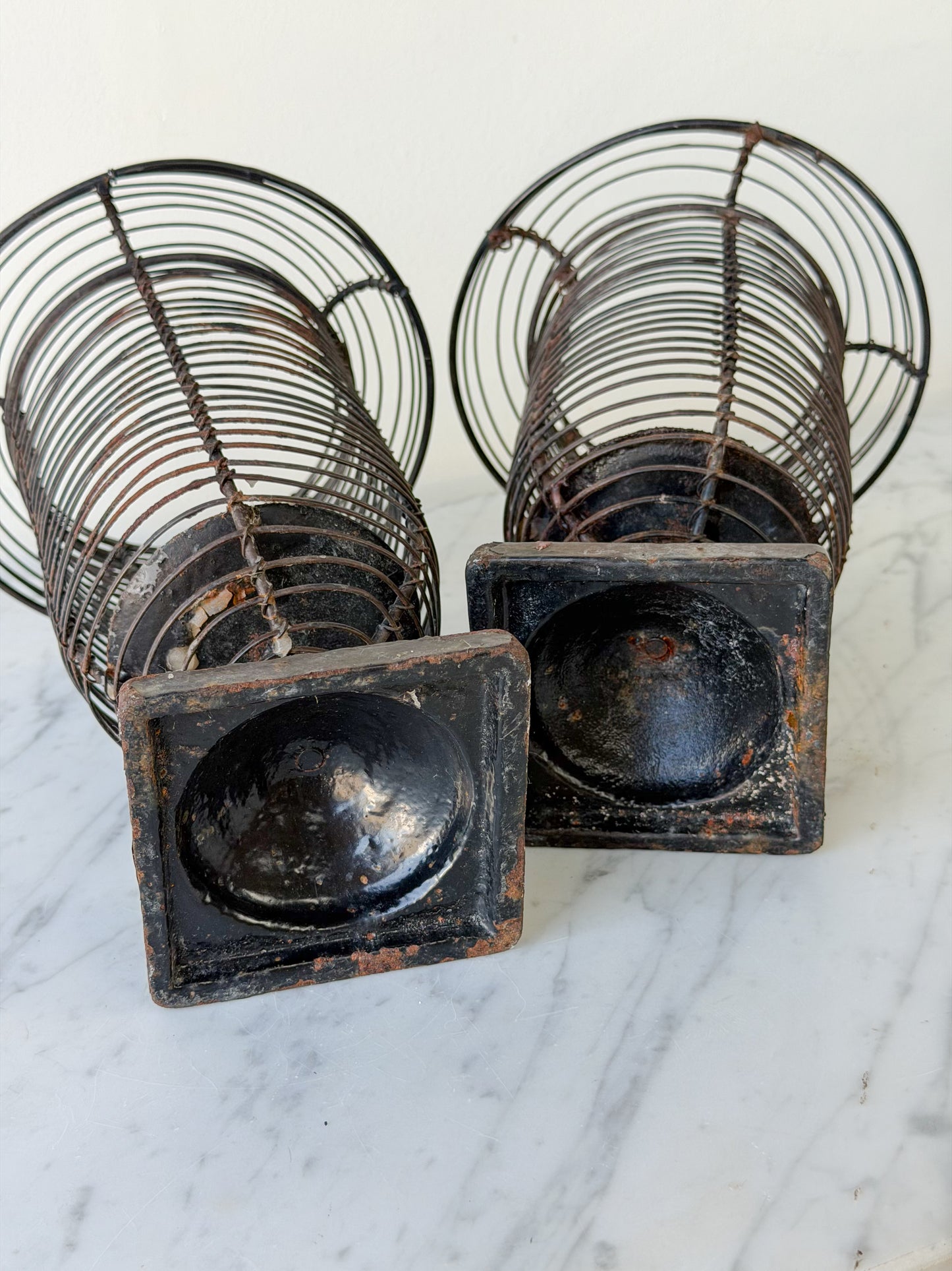 French Iron Wire Pillar Candle Hurricane Pair