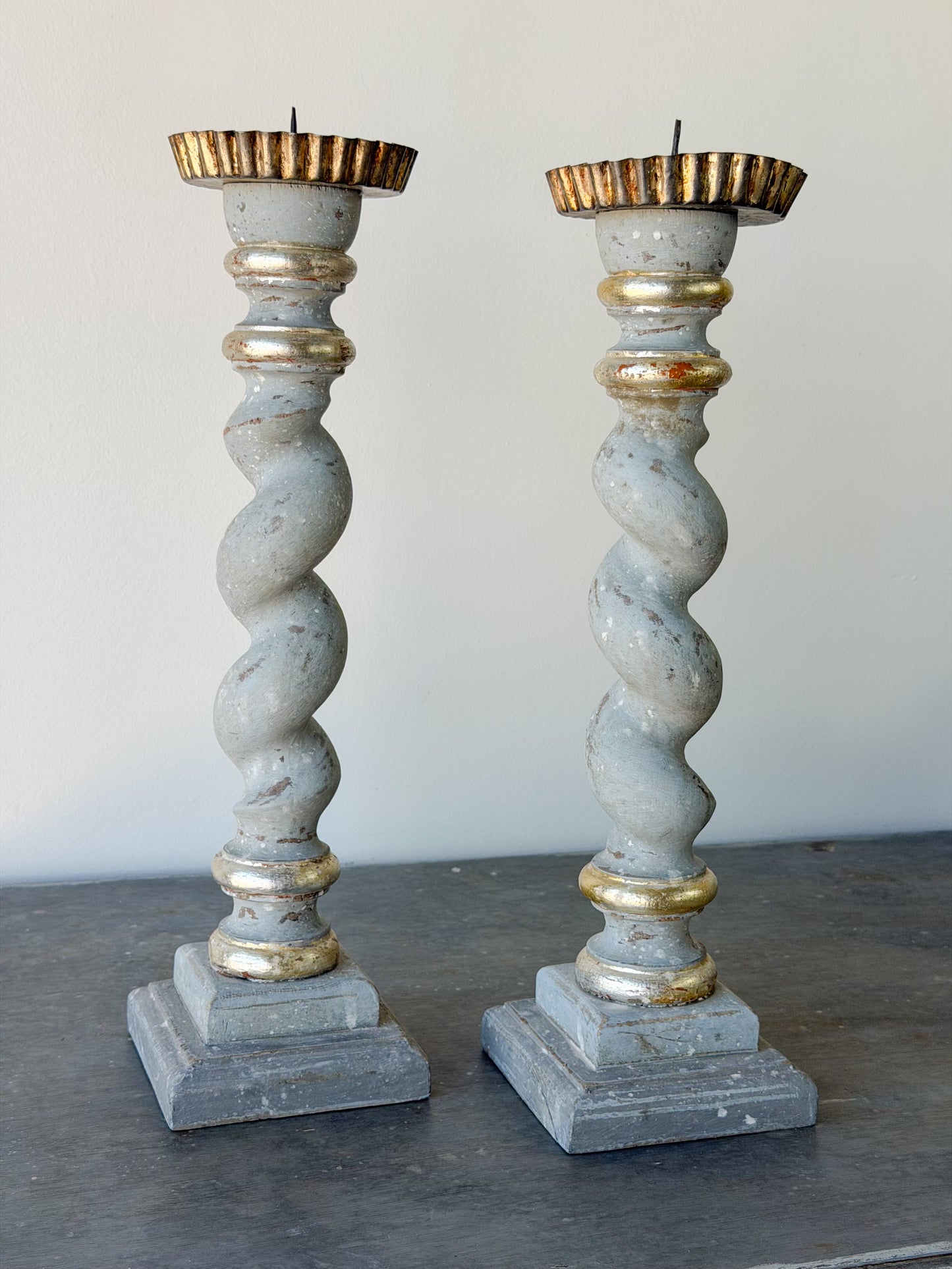 Antique Italian Painted Tall Candlestick Pair (Slate)