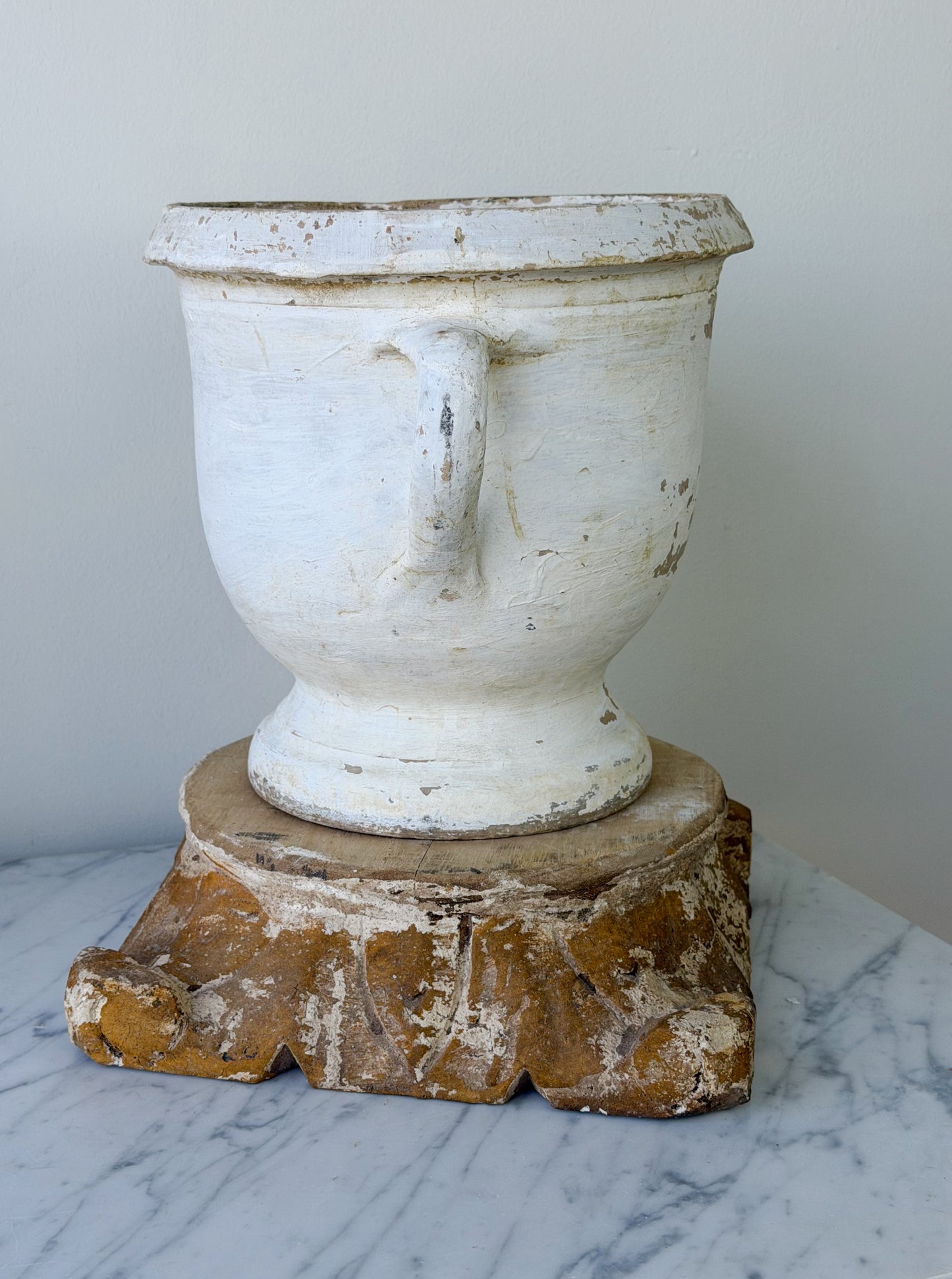 Vintage French Whitewashed Terracotta Pedestal Planter