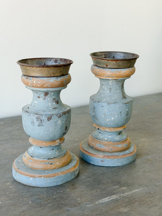 Antique Italian Painted Short Candlestick Pair