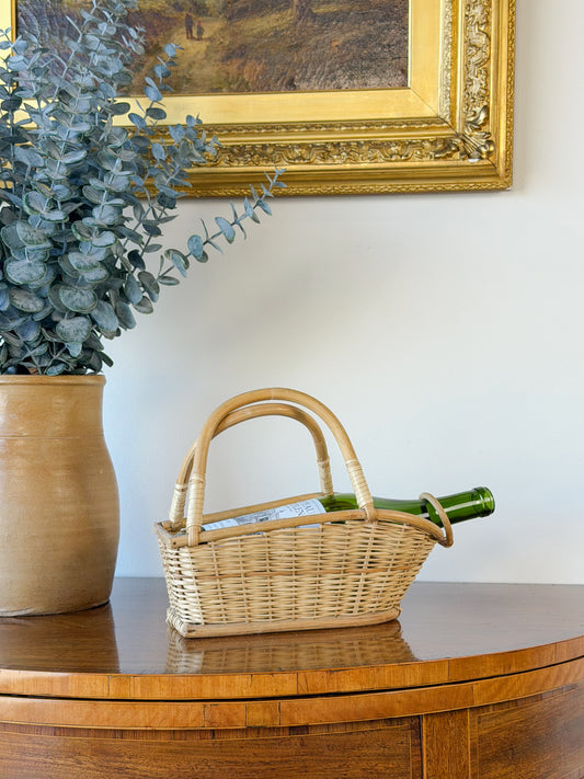 Vintage French Wicker & Rattan Wine Basket
