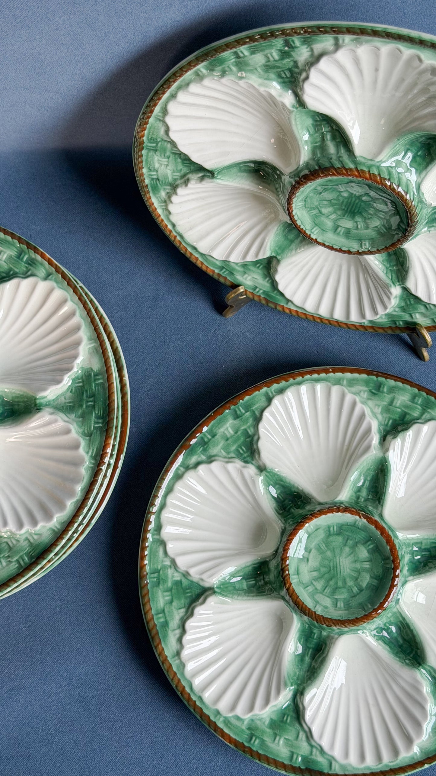 Vintage French Majolica Green & Brown Oyster Plate