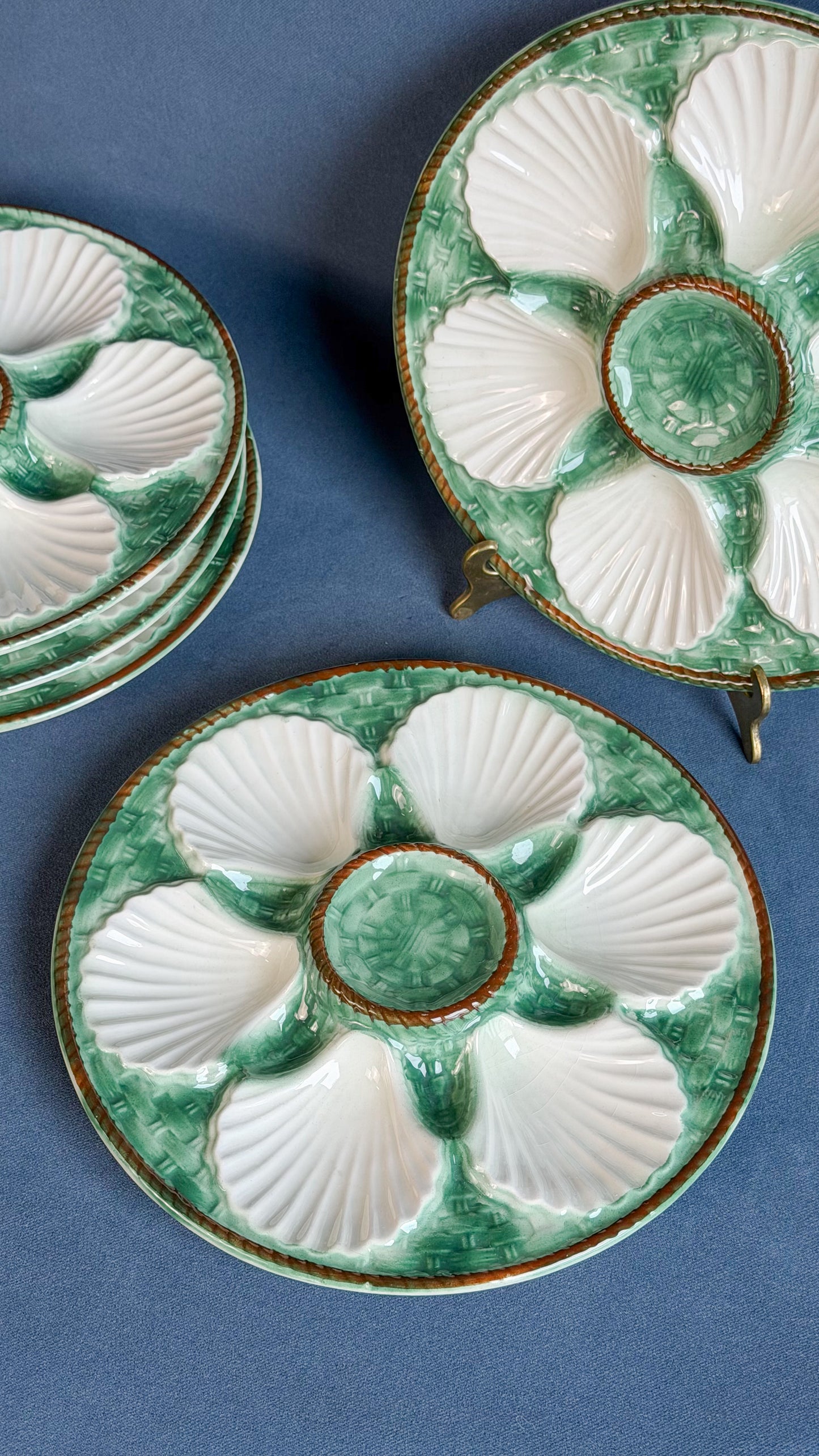 Vintage French Majolica Green & Brown Oyster Plate