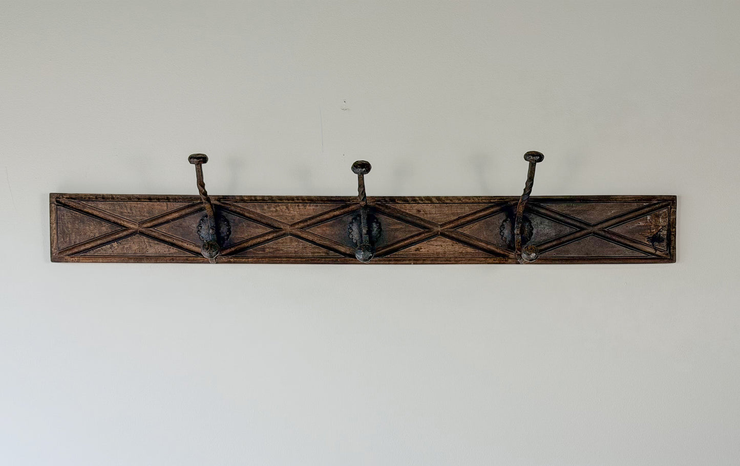 Early English Oak & Hand-Forged Iron Coat Rack