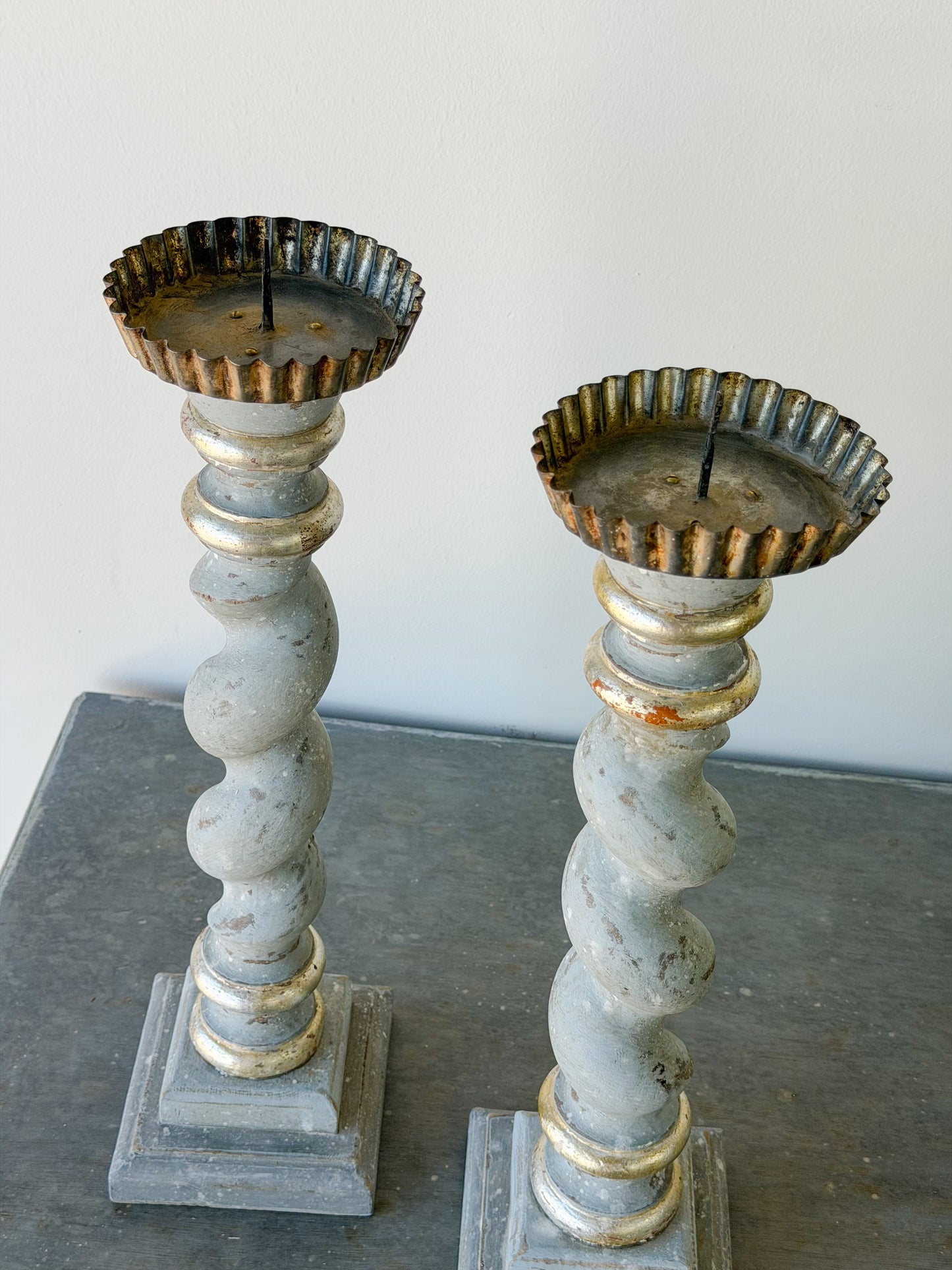 Antique Italian Painted Tall Candlestick Pair (Slate)