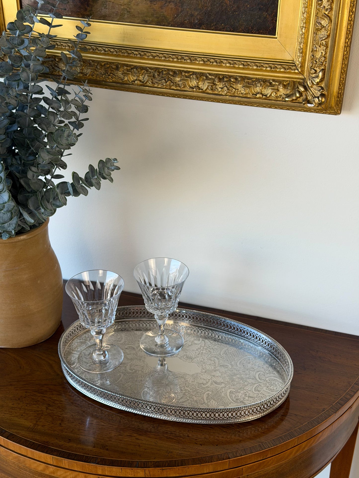 Large English Silverplate Gallery Tray on Bun Feet