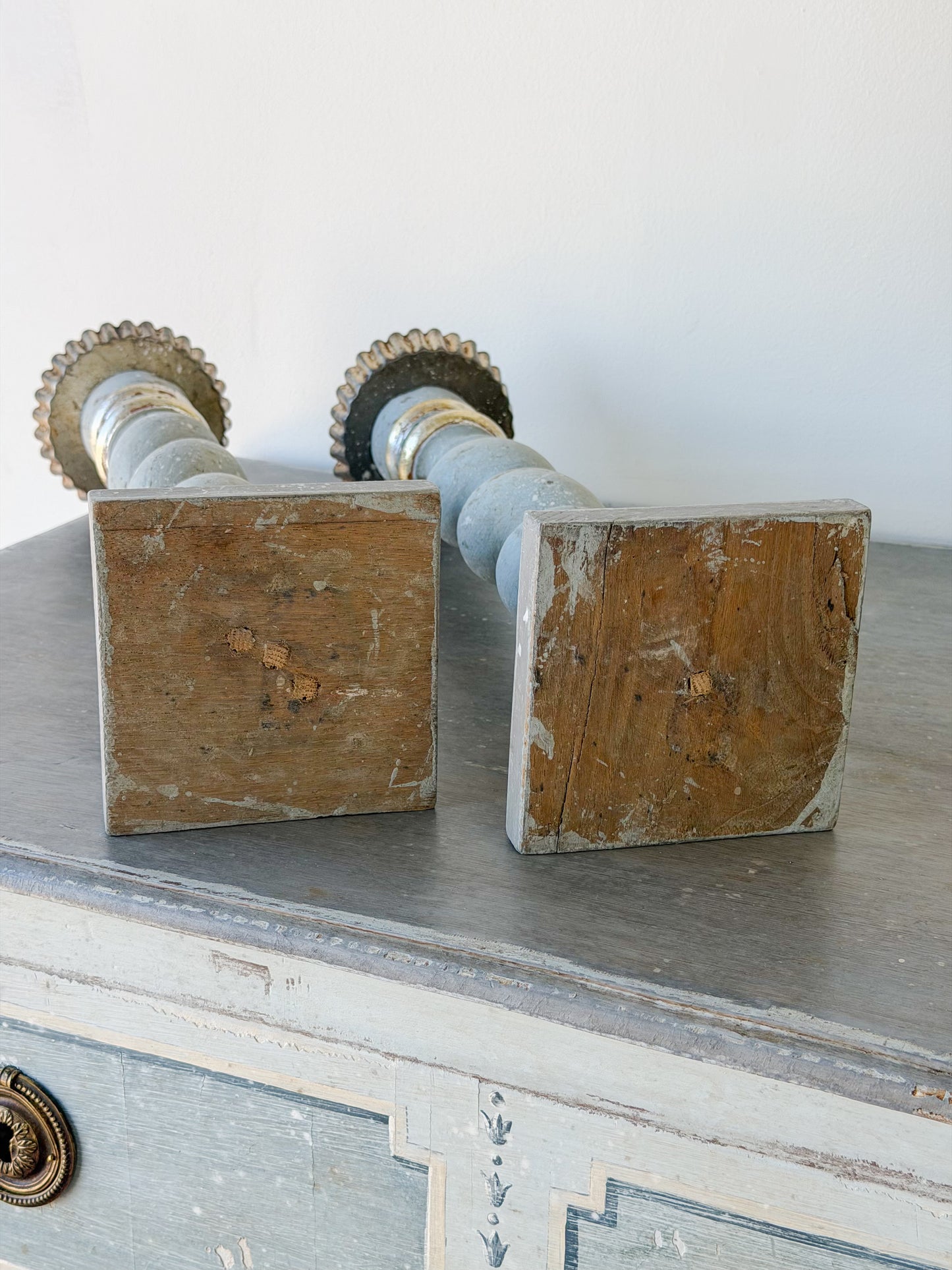 Antique Italian Painted Tall Candlestick Pair (Slate)