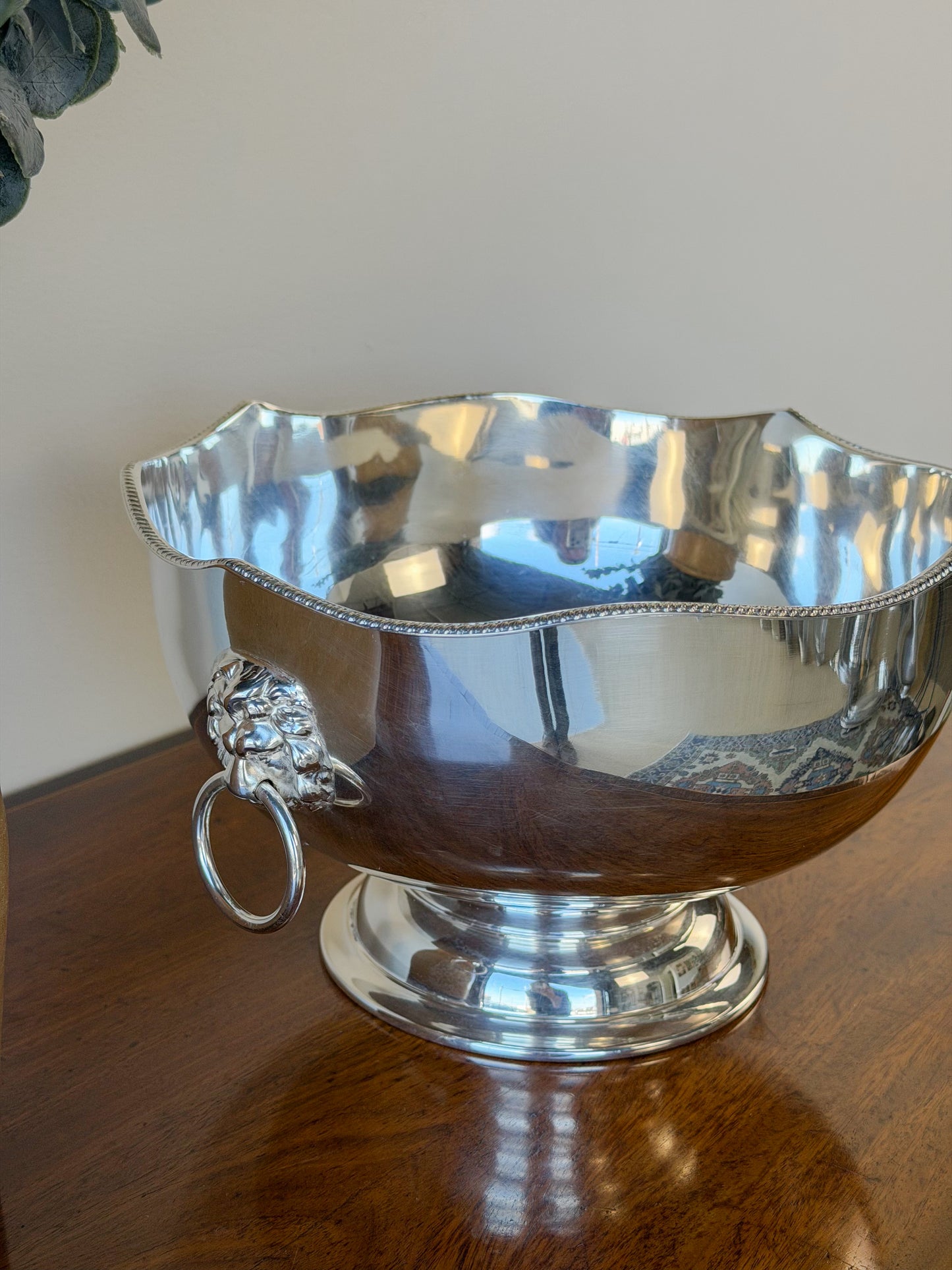 English Silverplate Punch Bowl with Lion Head Rings