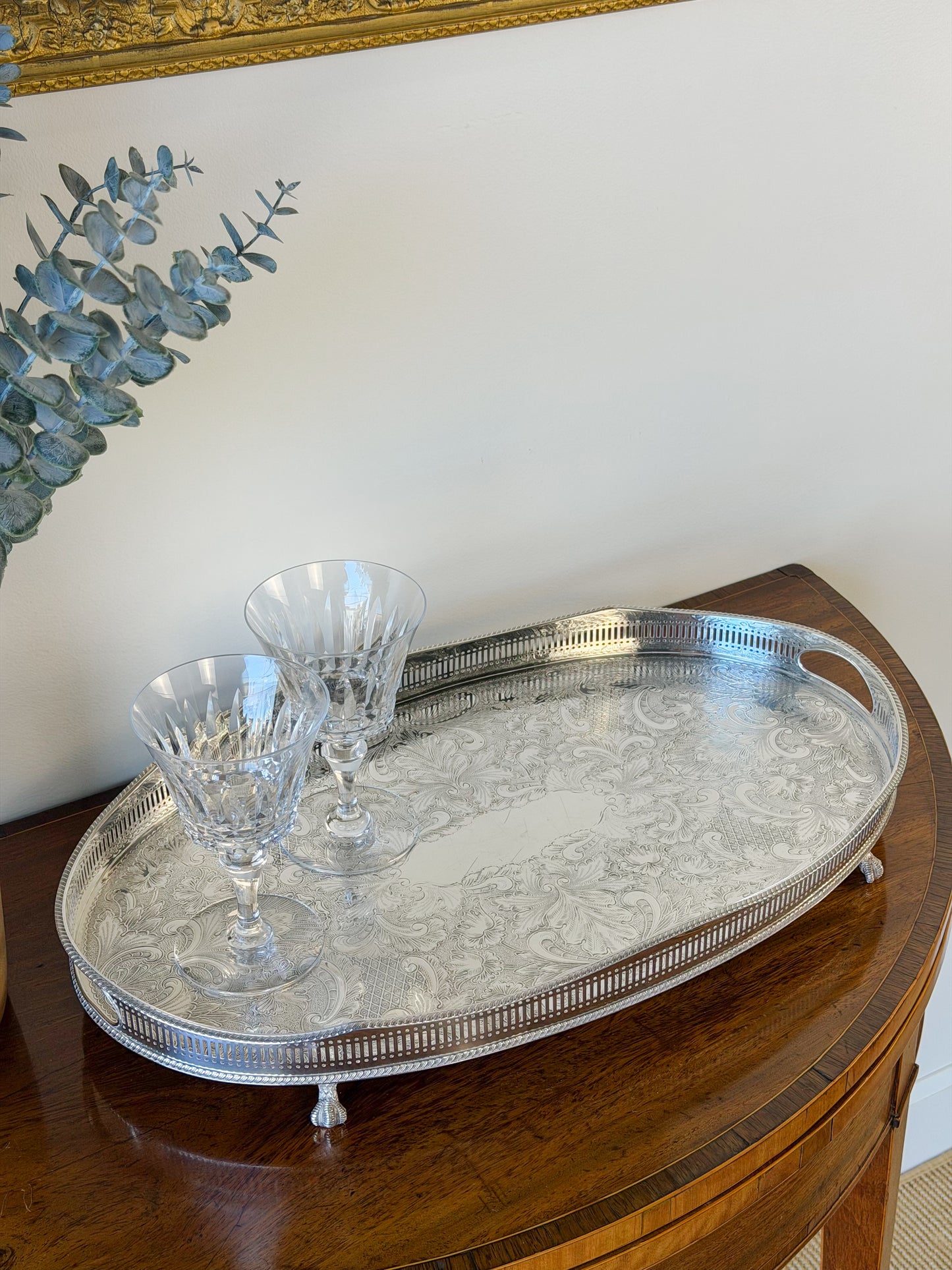 English Silverplate Gallery Tray with Ball & Claw Feet