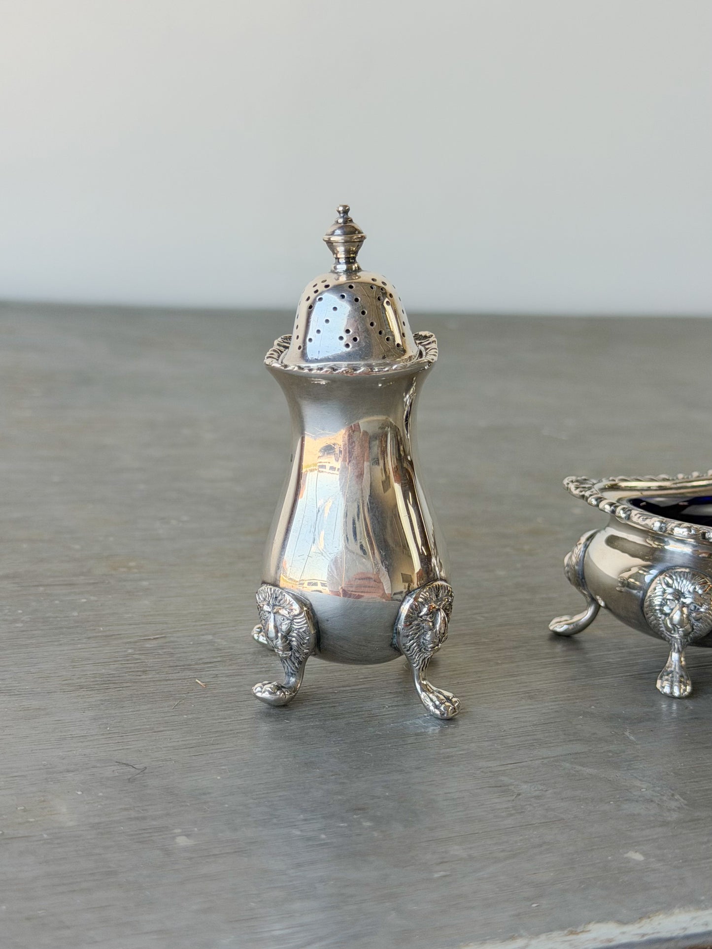 Antique Sheffield Silverplate Footed Salt Cellar & Pepper Shaker Set