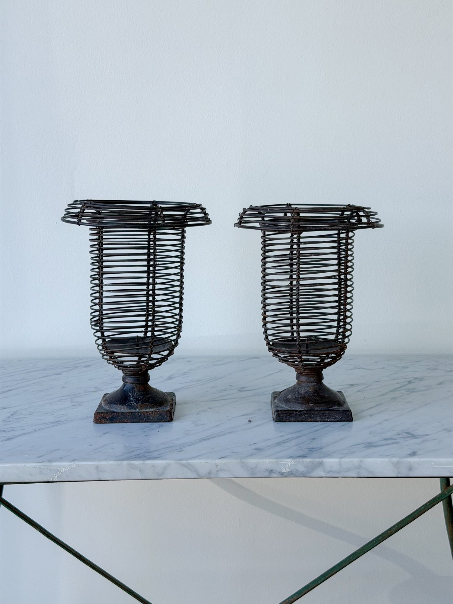 French Iron Wire Pillar Candle Hurricane Pair