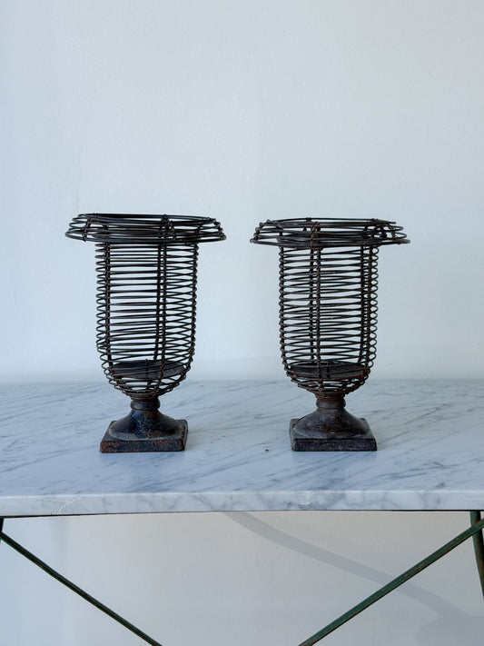 French Iron Wire Pillar Candle Hurricane Pair