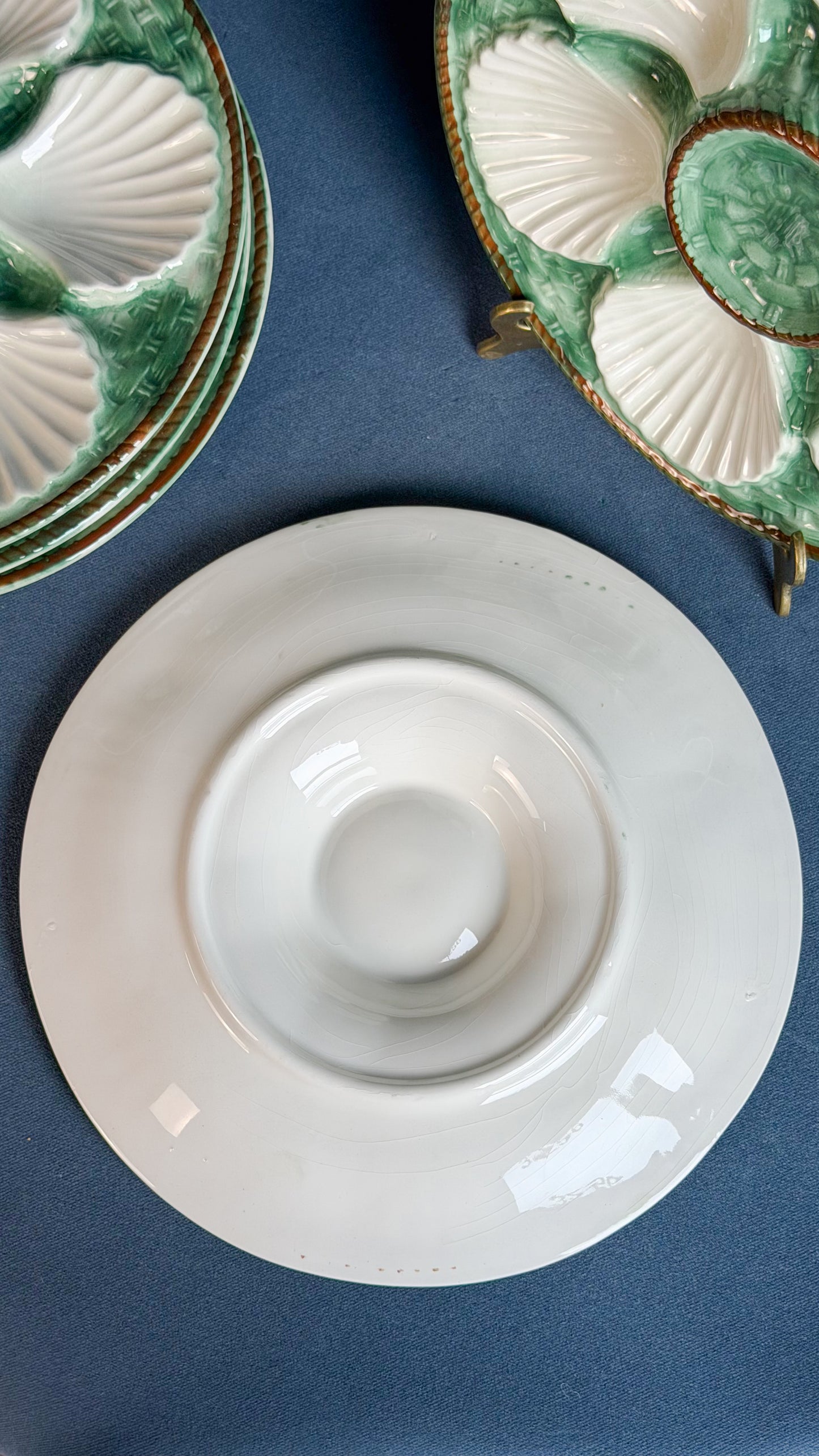 Vintage French Majolica Green & Brown Oyster Plate