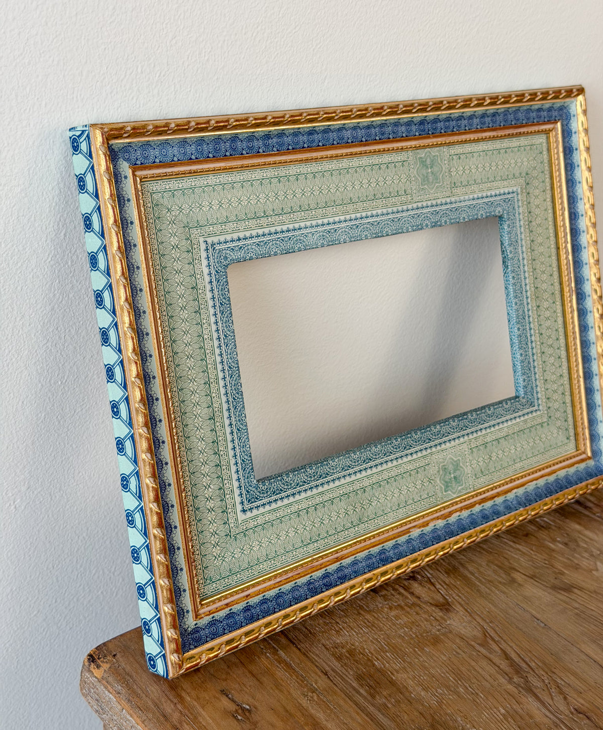 French Découpage Frame No. VI | Blue/Green Gold + Art Deco Border